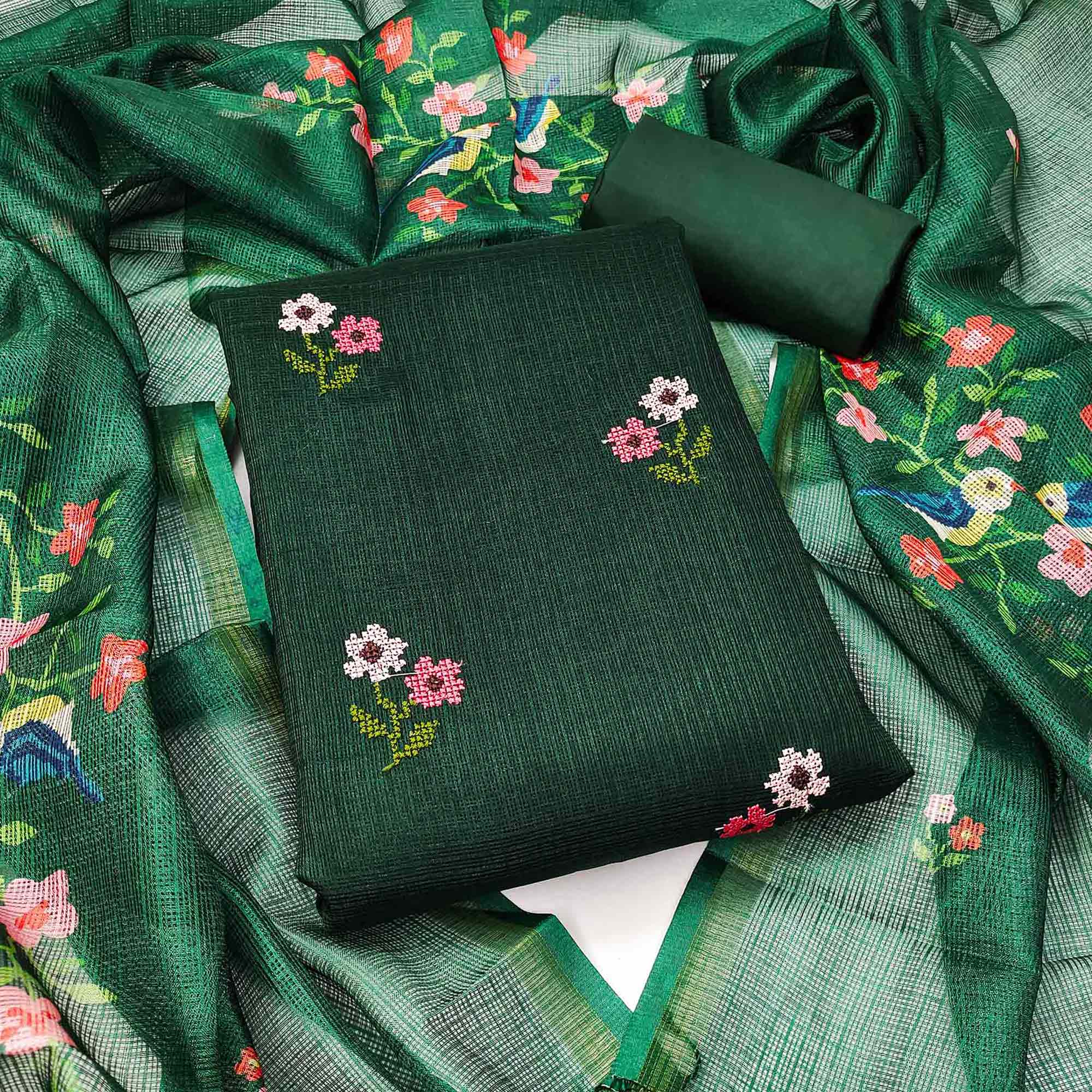 Peachmode Dark Green Floral Embroidered Kota Doria Dress Material