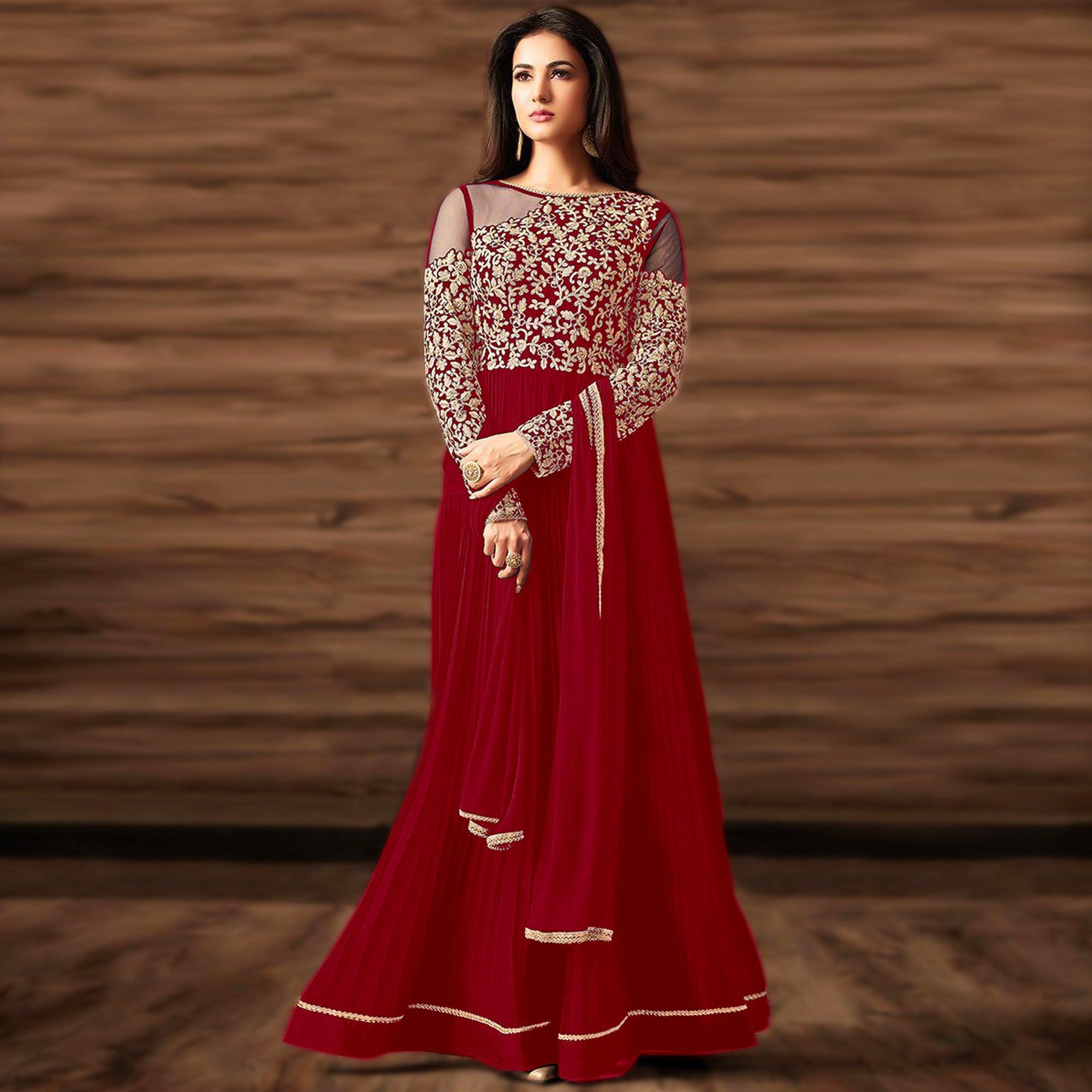Peachmode Flattering Red Colored Partywear Embroidered Georgette Anarkali Suit