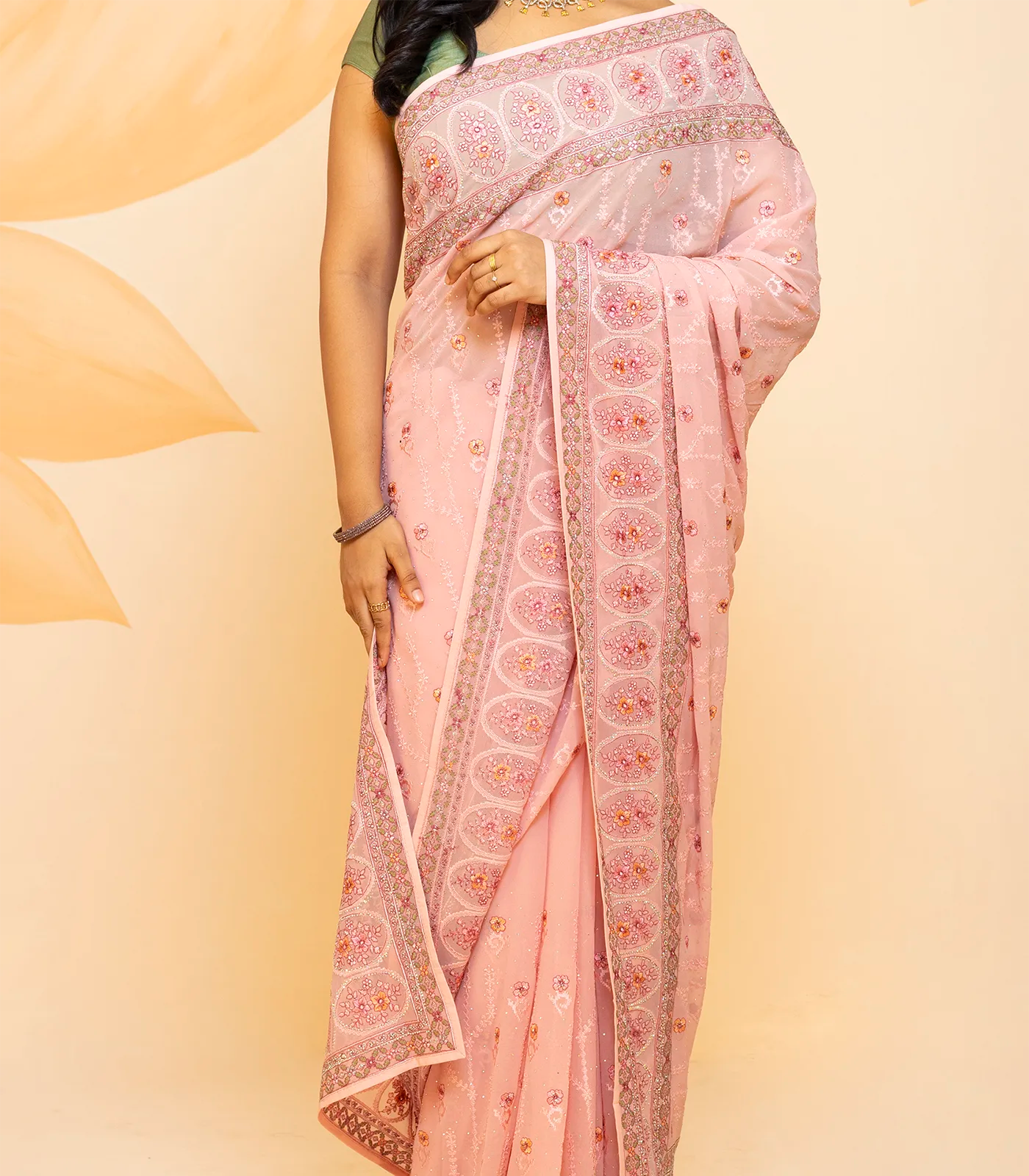 RmKV Baby Pink Blended Cotton Saree Embroidered With Floral Motifs-Baby Pink - view 2