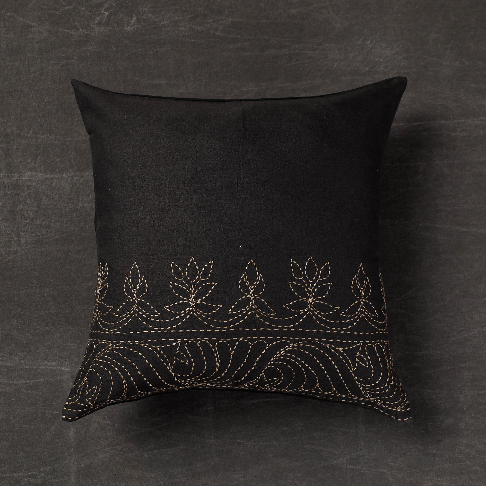 SASHA Black - Lotus Border - Kantha Embroidery Handloom Cotton Cushion Cover (16 x 16 in)