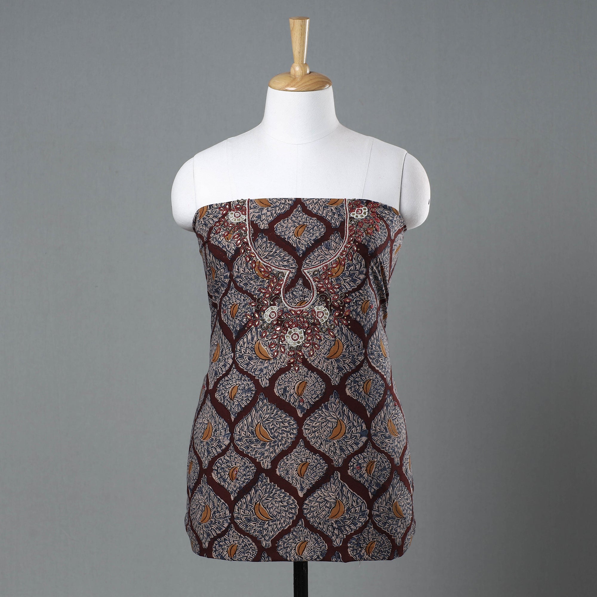 NOORI BAZAR Brown - Kalamkari Block Printed Kundan & Bead Work Hand Embroidery Cotton Kurta Material - 2.6 Meter