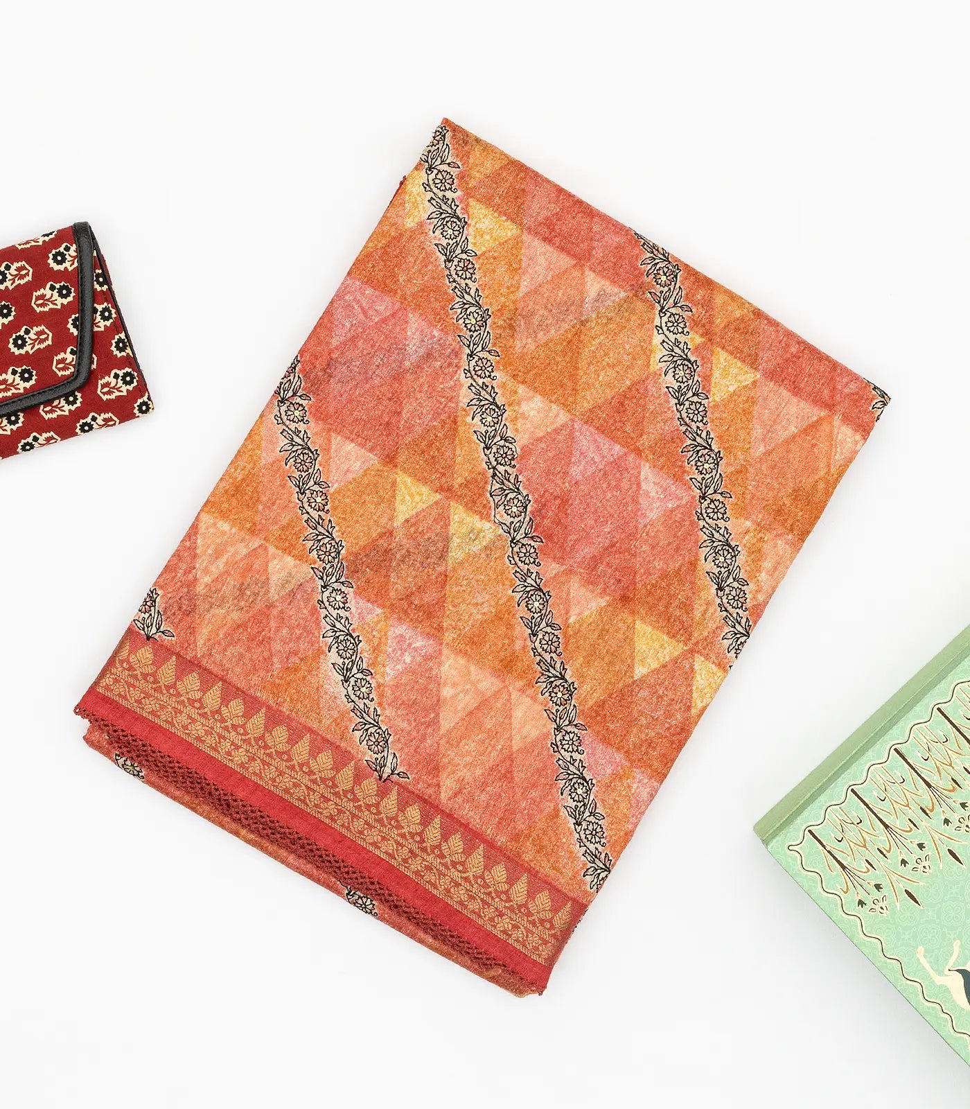 RmKV Dark Peach Handloom Tussar Silk Saree Printed With Geometric & Floral Motifs - view 5