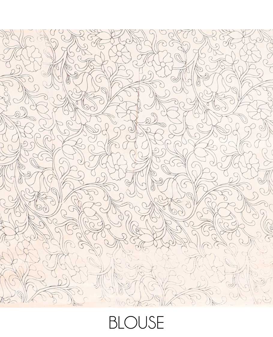 Pothys Blue unique floral machine-printed kalamkari cotton saree, contrast floral border & floral & diamond pallu - view 2