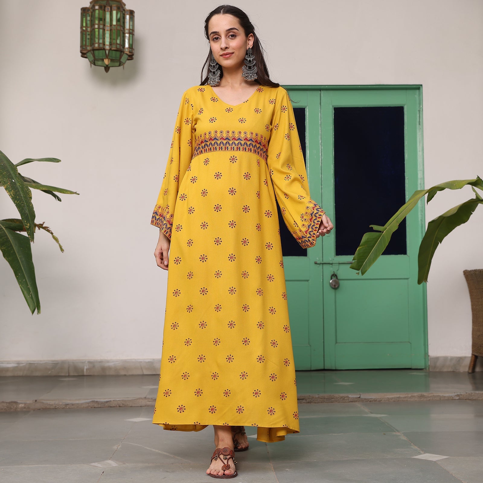 BlackTree Yellow Maxi Dress with Flared Sleeves