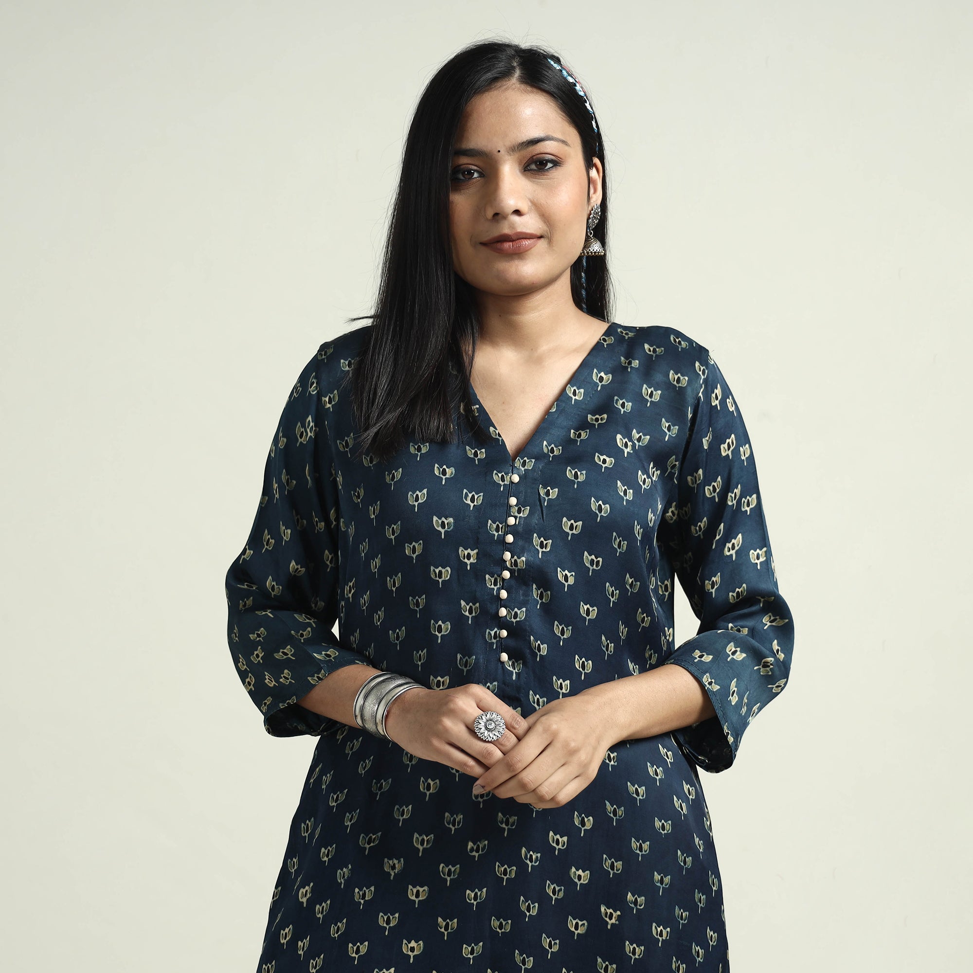 ITOKRI CASUALS Blue - Ajrakh Block Printed Modal Silk Kurta with Palazzo Set - view 2