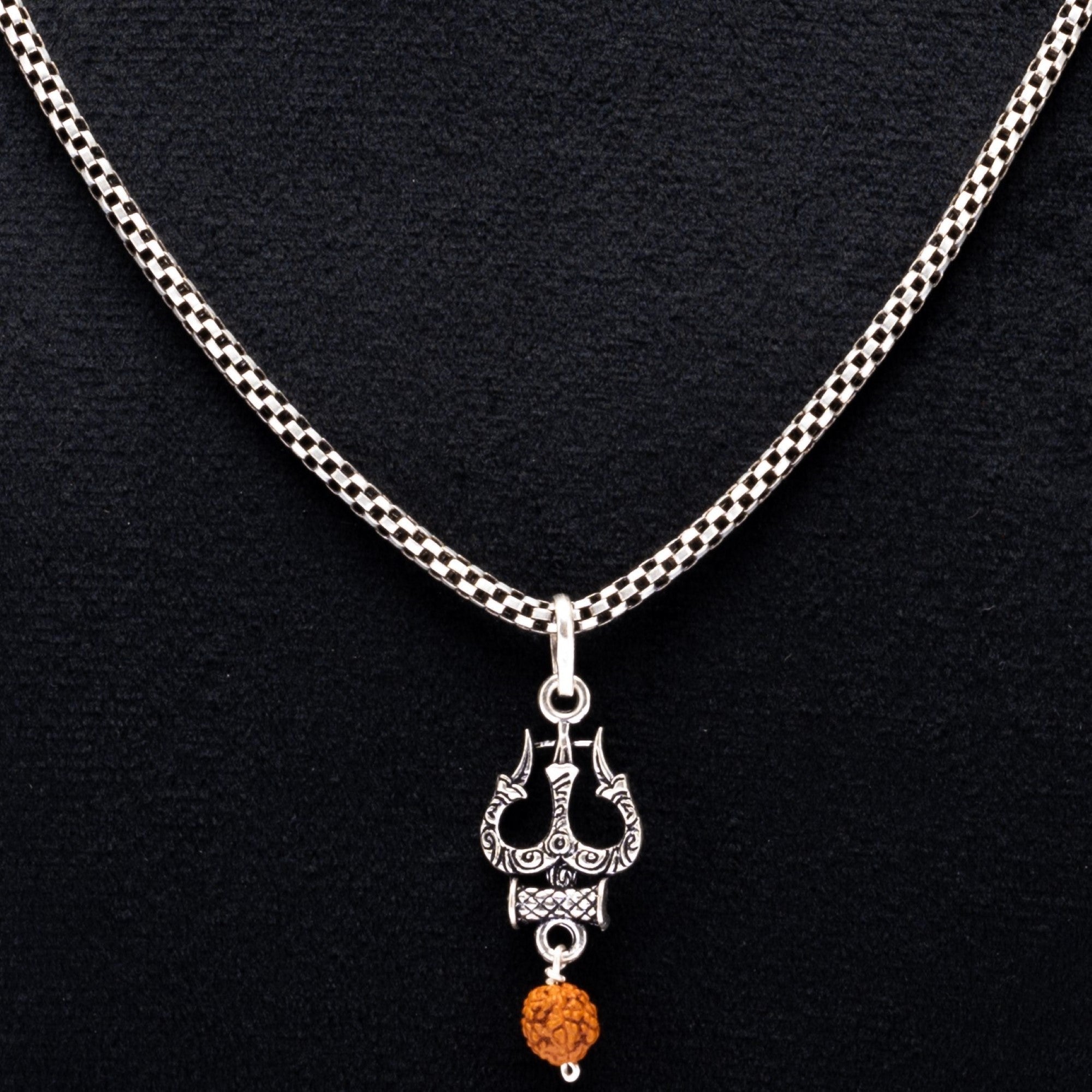 Prinjal Jewellers Rudraksha Silver with Trishul and Damru Chain with Pendant for Men