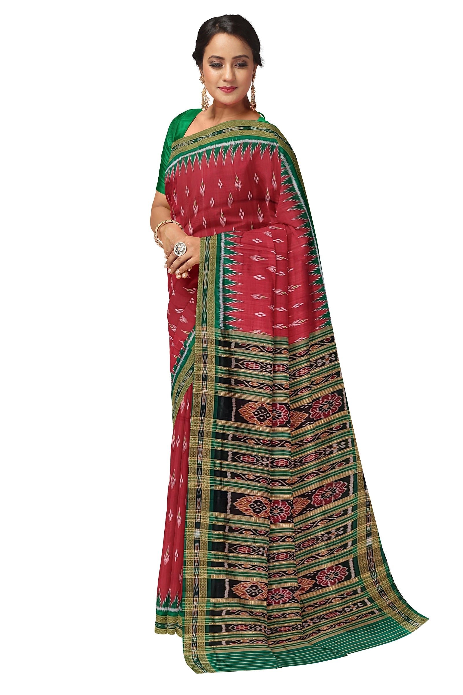 IndianVillèz Red Mayur Chandrika Khandua Silk Saree