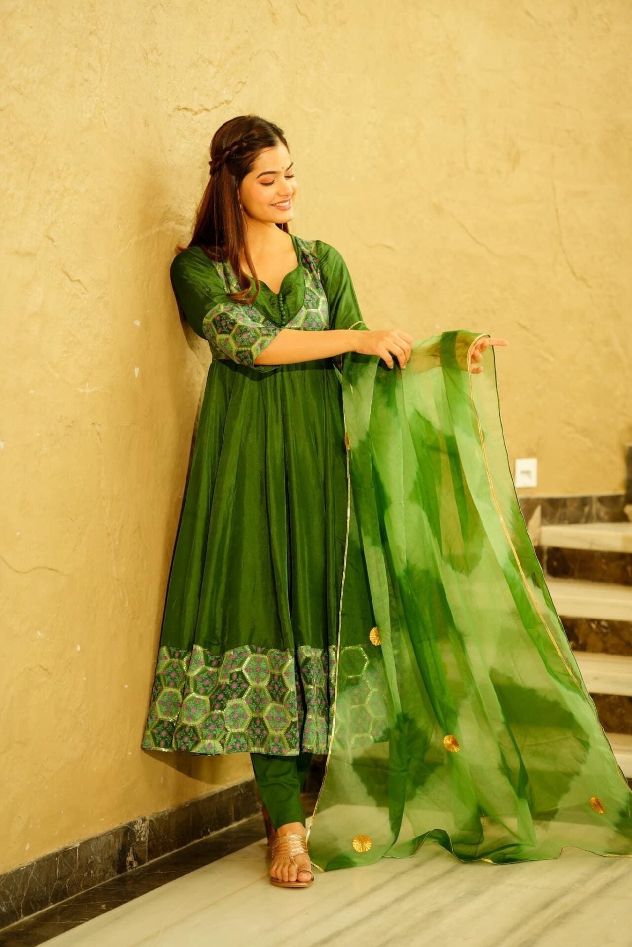 Idaho-o Seaweed Green Silk Embroidered Suit Set