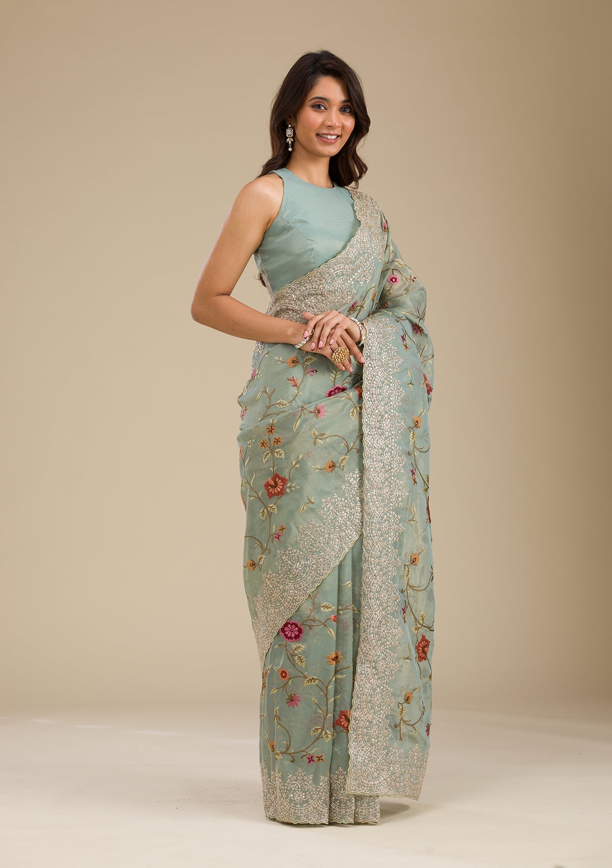 Koskii Sky Blue Zariwork Tissue Saree – Women's - view 5