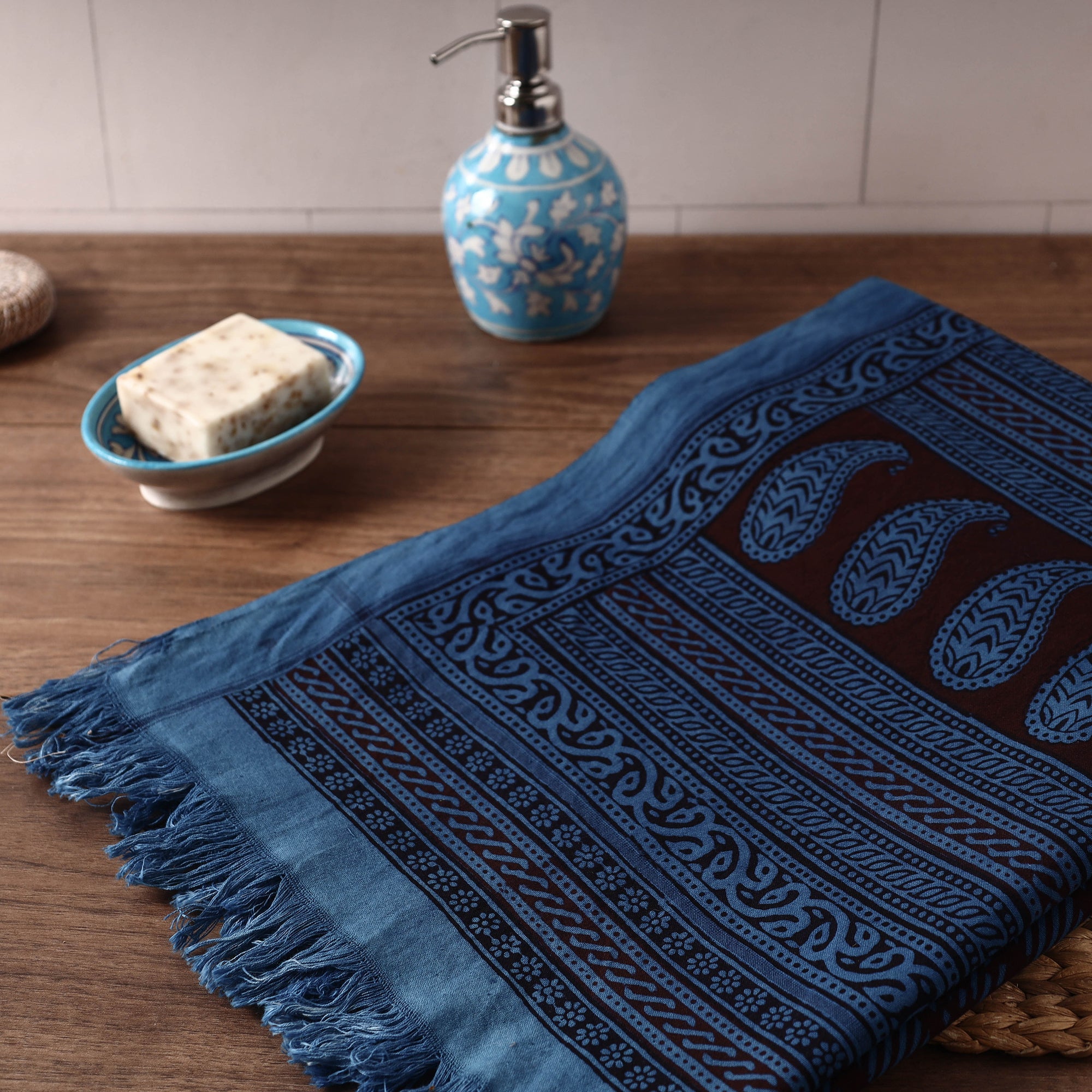 BAGH PRINTS BY UMAR FARUK KHATRI Blue - Bagh Hand Block Printed Handloom Cotton Towel