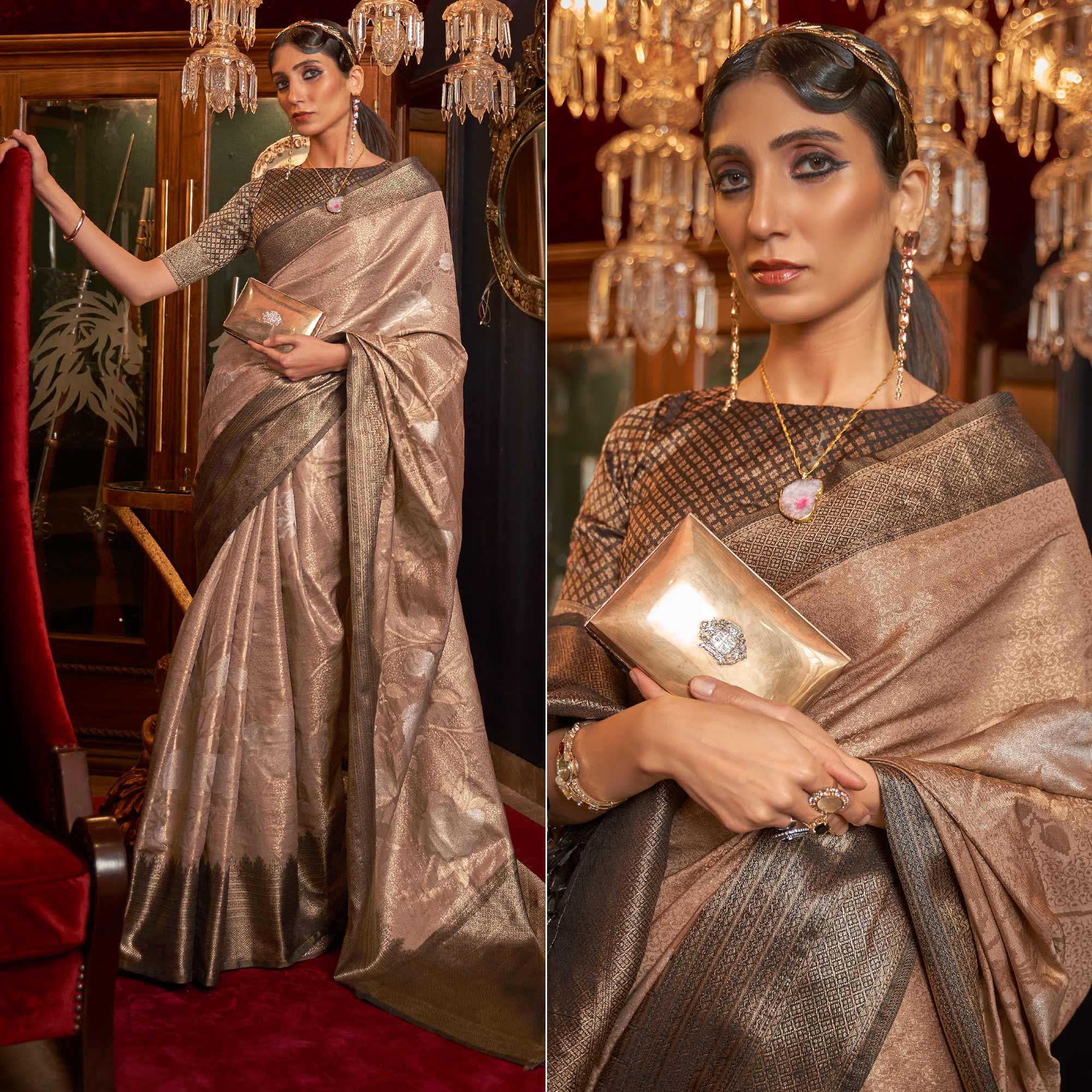 Peachmode Brown Woven Pure Silk Saree With Tassels
