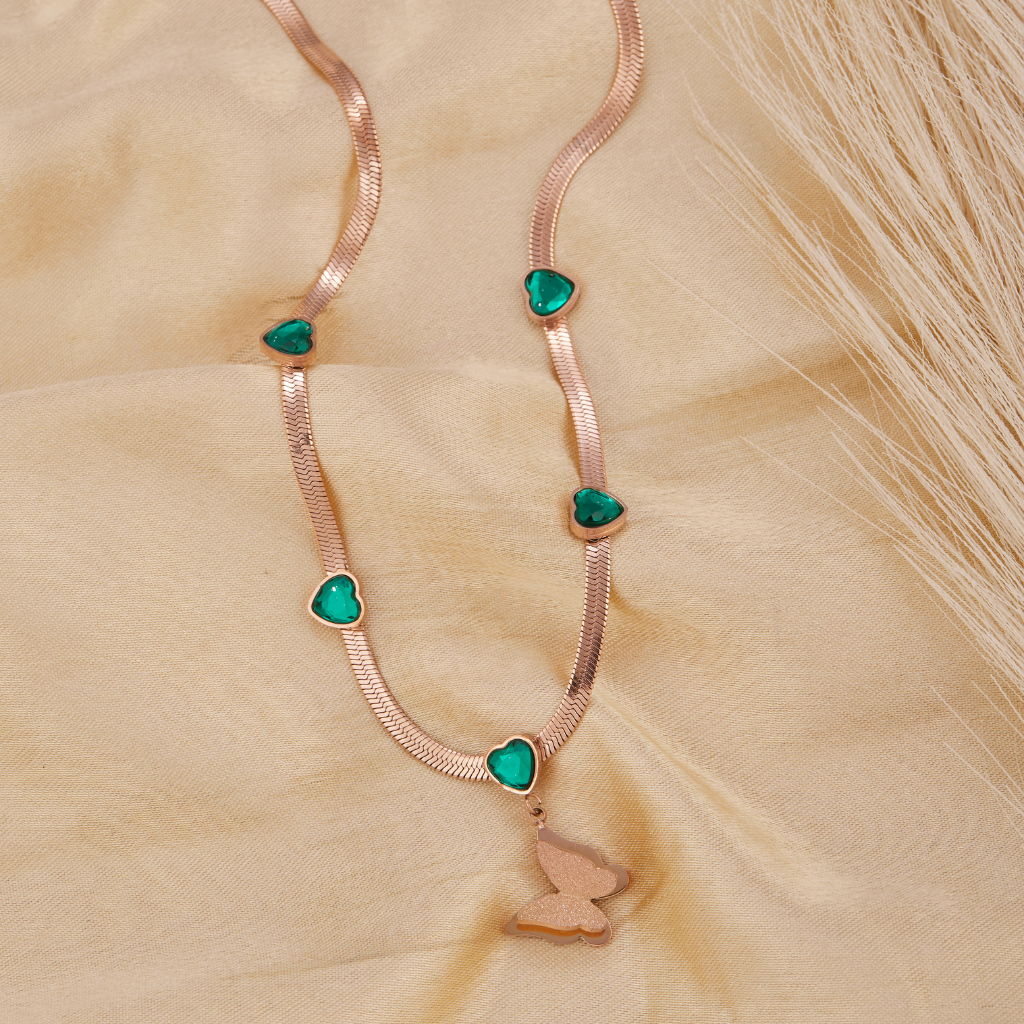 Branta Butterfly Pendant Heart Emerald Necklace - view 2