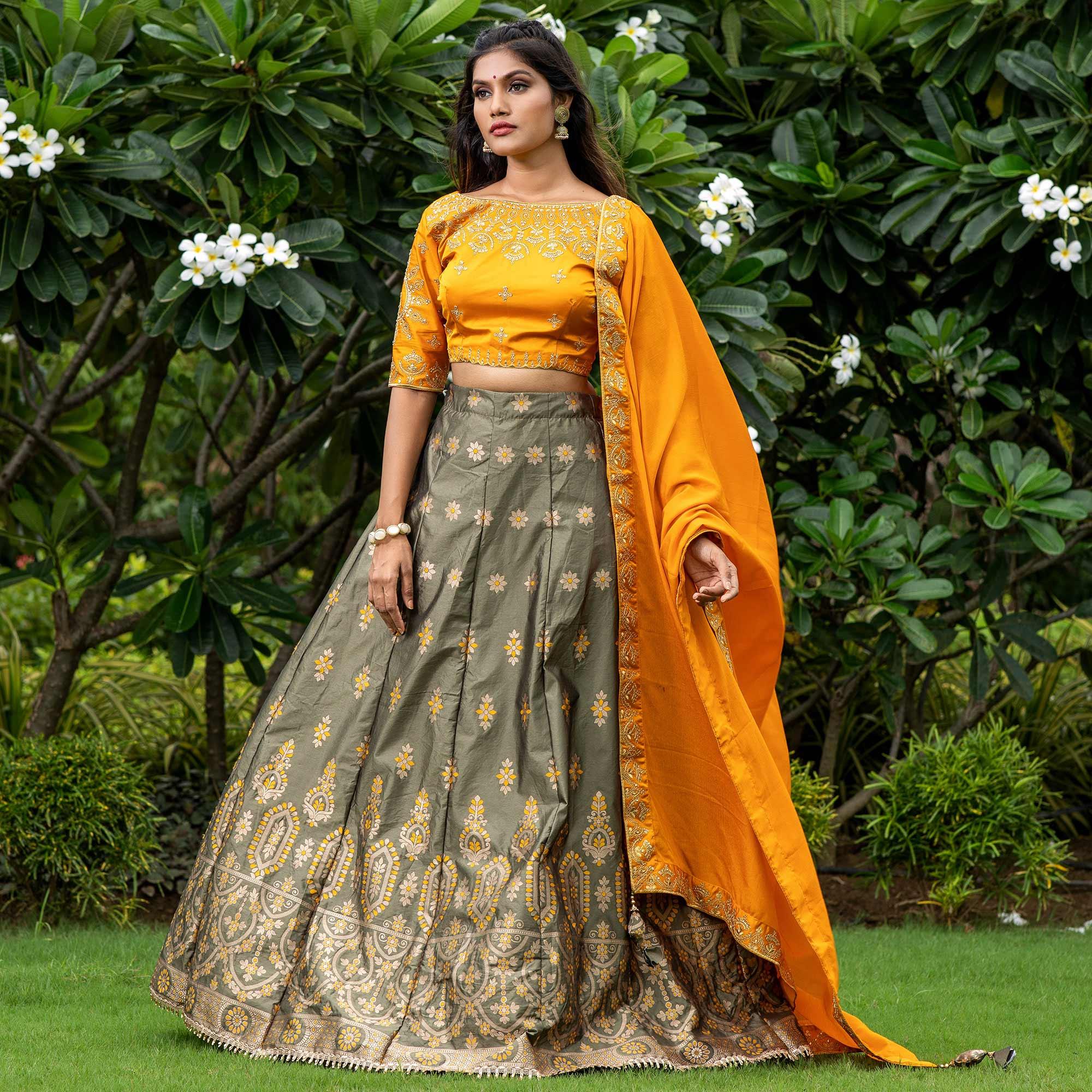 Peachmode Mehendi Green Festive Wear Floral Embroidery With Woven Silk Lehenga Choli