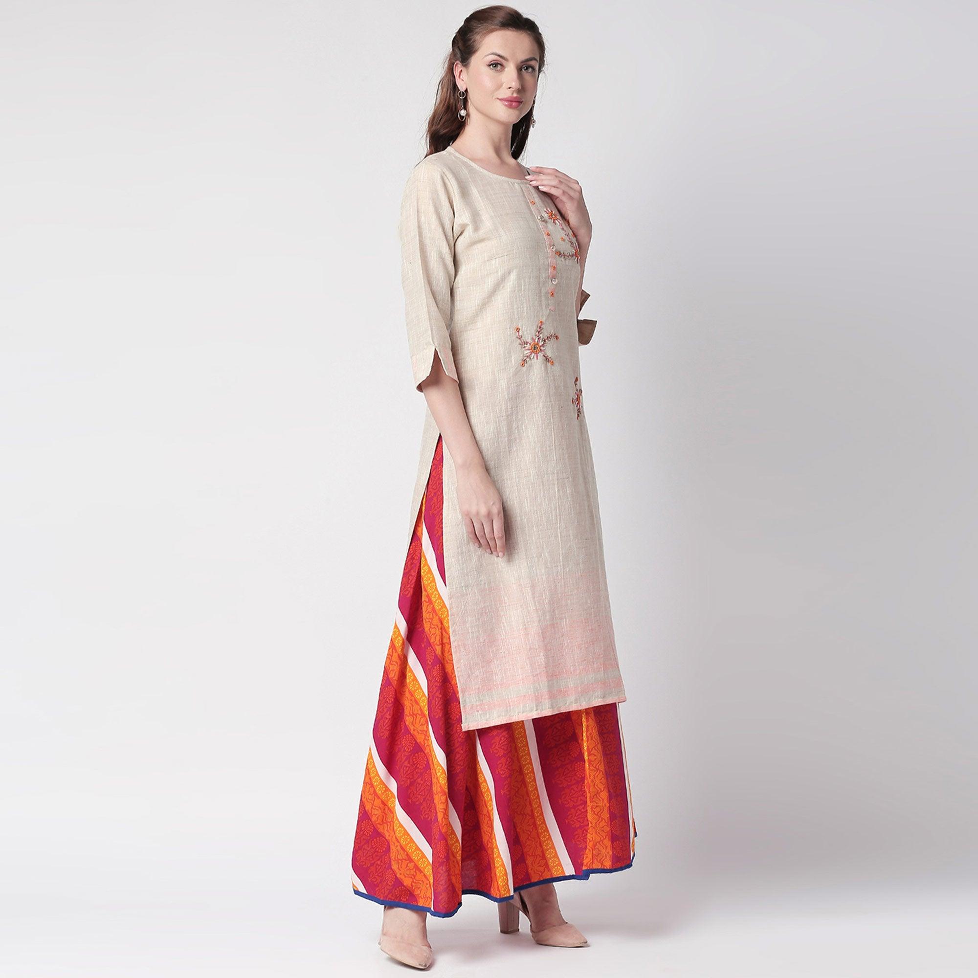 BlackTree glowing-off-white-colored-partywear-embroidered-cotton-kurti-skirt-set-41537 - view 7