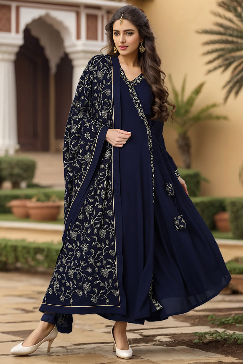 Ahika Prussian Blue Poly Georgette Angrakha Pant With Dupatta PKSKD1910