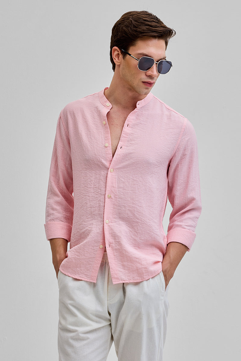 SNITCH Light Pink Mandarin Linen Blend Shirt