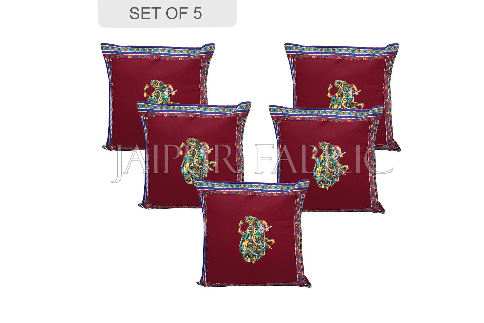 JaipurFabric® Maroon Color Traditional Folk Dance Patch Work Cotton Cushion Cover