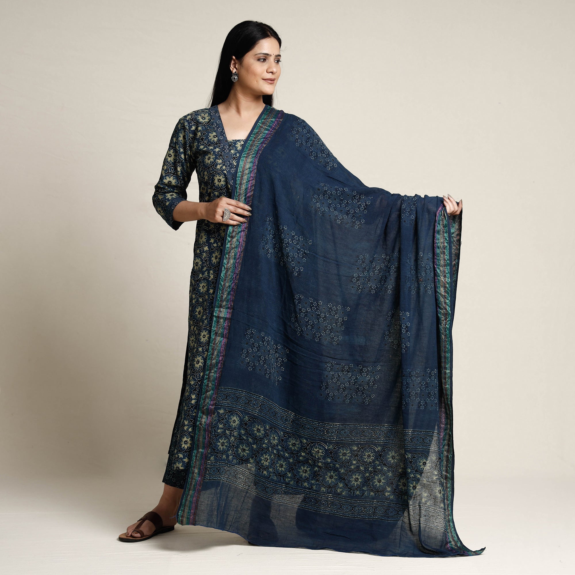 ITOKRI CASUALS Blue - Ajrakh Block Printed Cotton Kurta with Palazzo & Dupatta Set