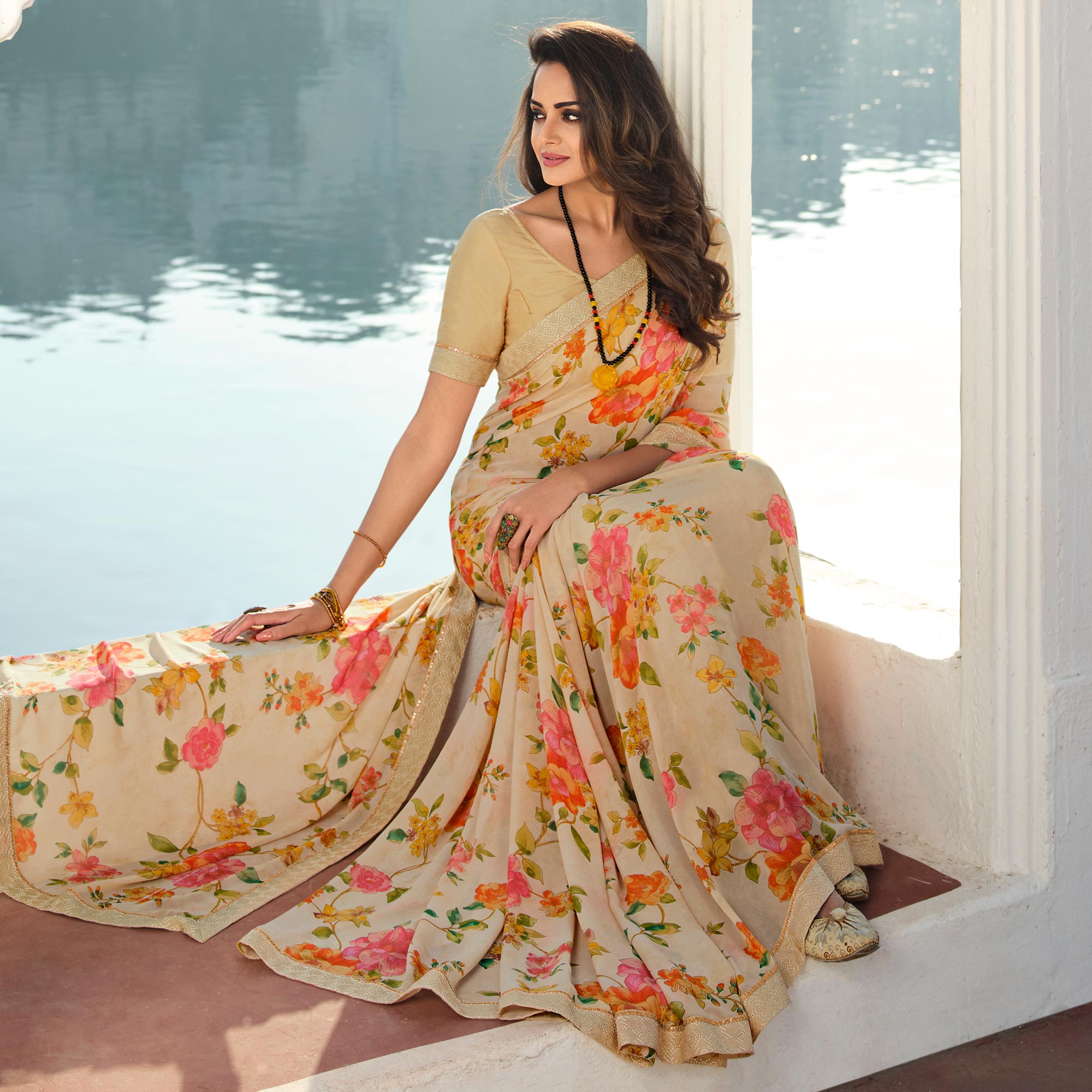 Peachmode Cream Floral Printed With Embroidered Border Georgette Saree - view 3