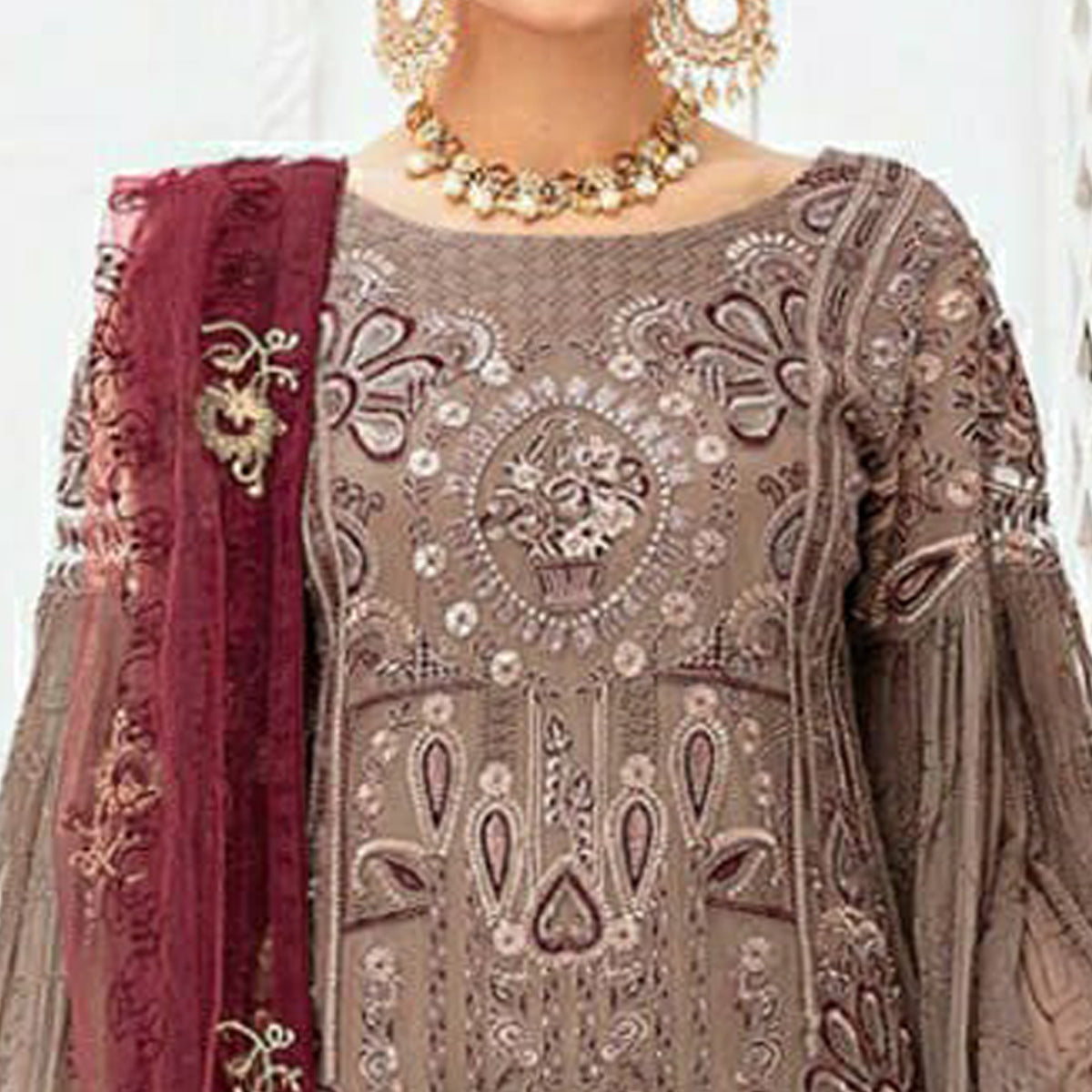 Peachmode Brown Floral Embroidered Georgette Pakistani Suit - view 3