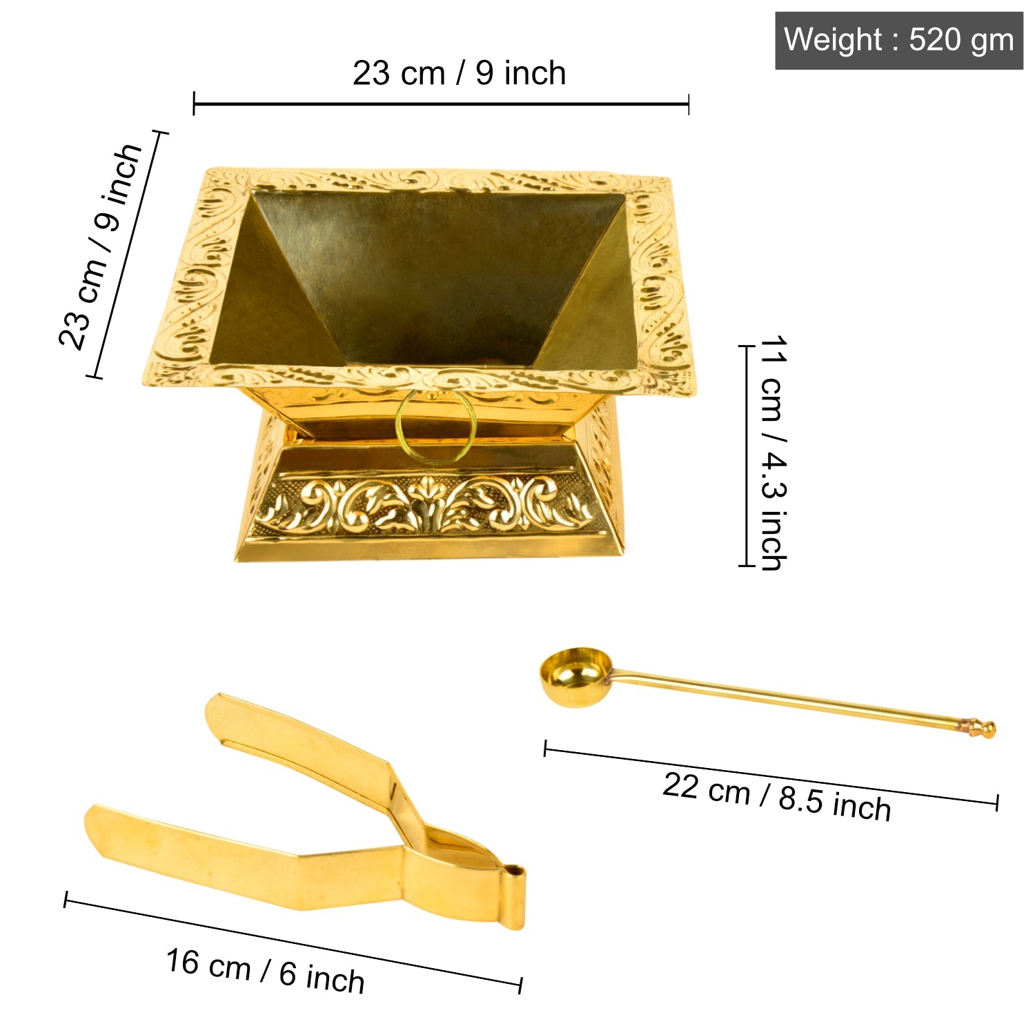 STYLEMYWAY Premium Brass Hawan Kund Set (Havan Kund , Stand , Suchi Spoon , Tong / Chimta ; L x B x H – 23 x 23 x 11 cm ; 520 gm) - view 4