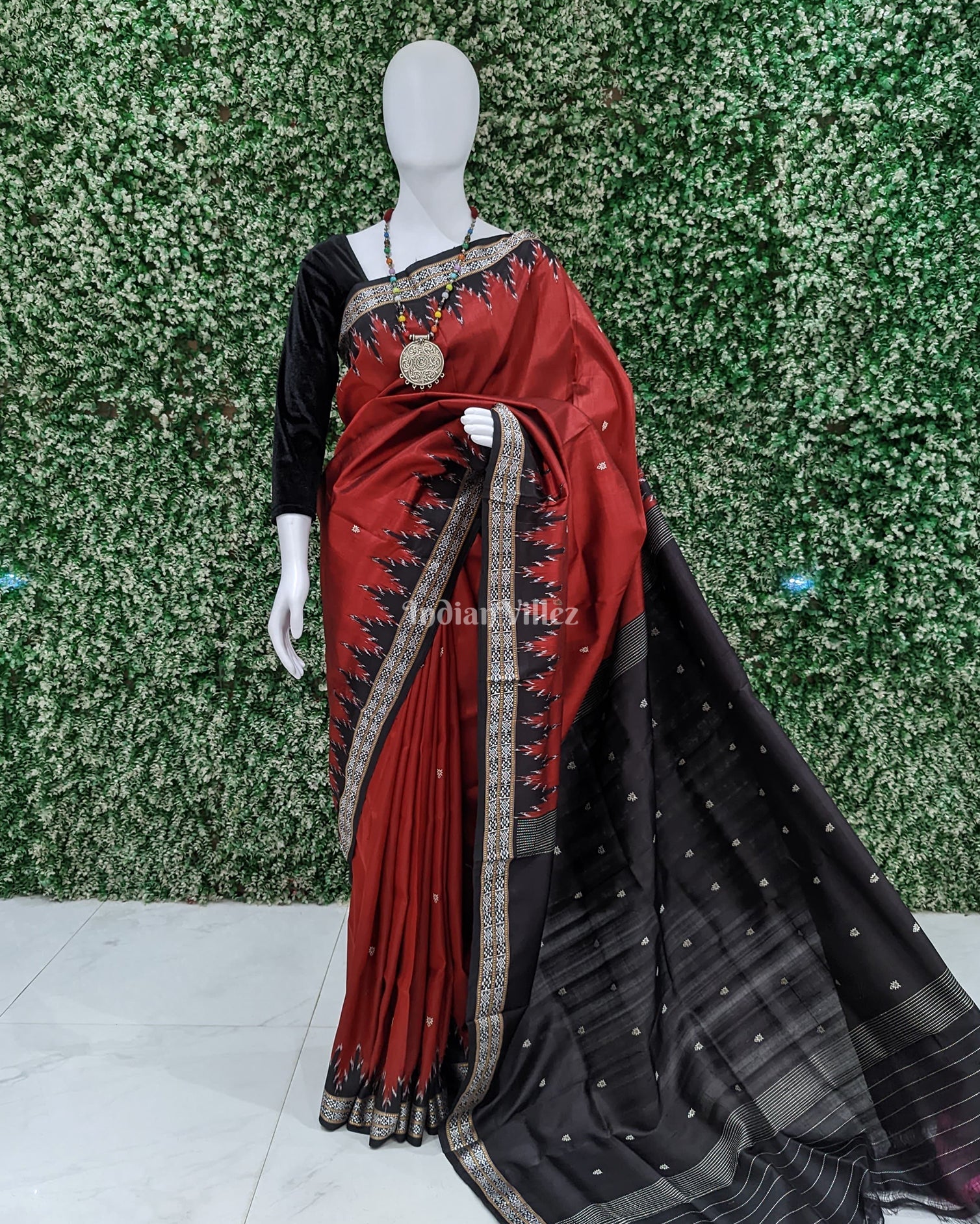IndianVillèz Marron Black Tortoise Motif Odisha Ikat Dongria Silk Saree