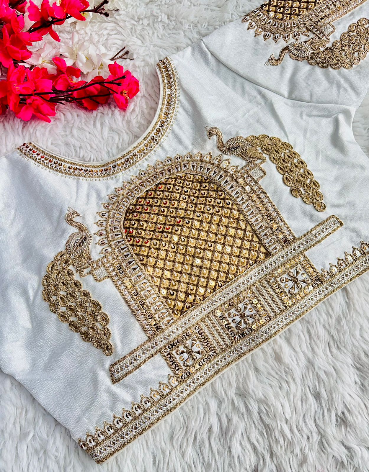 ClothsVilla White Handcrafted Sequence Blouse in Watermelon Silk – Perfect Fit for Any Occasion