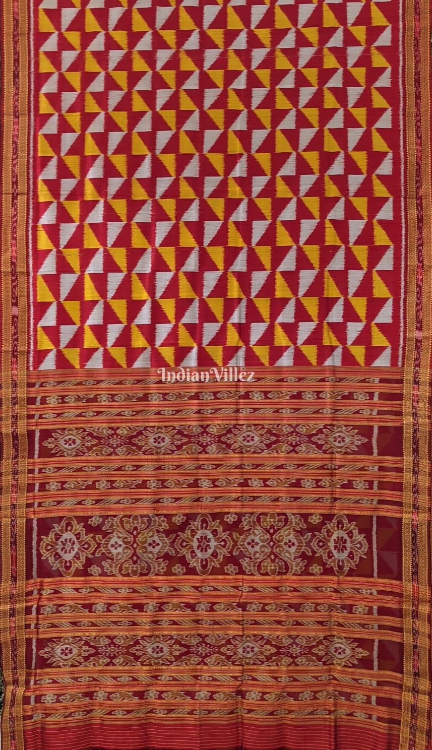 IndianVillèz Maroon Yellow White Odisha Ikat Khandua Silk Saree