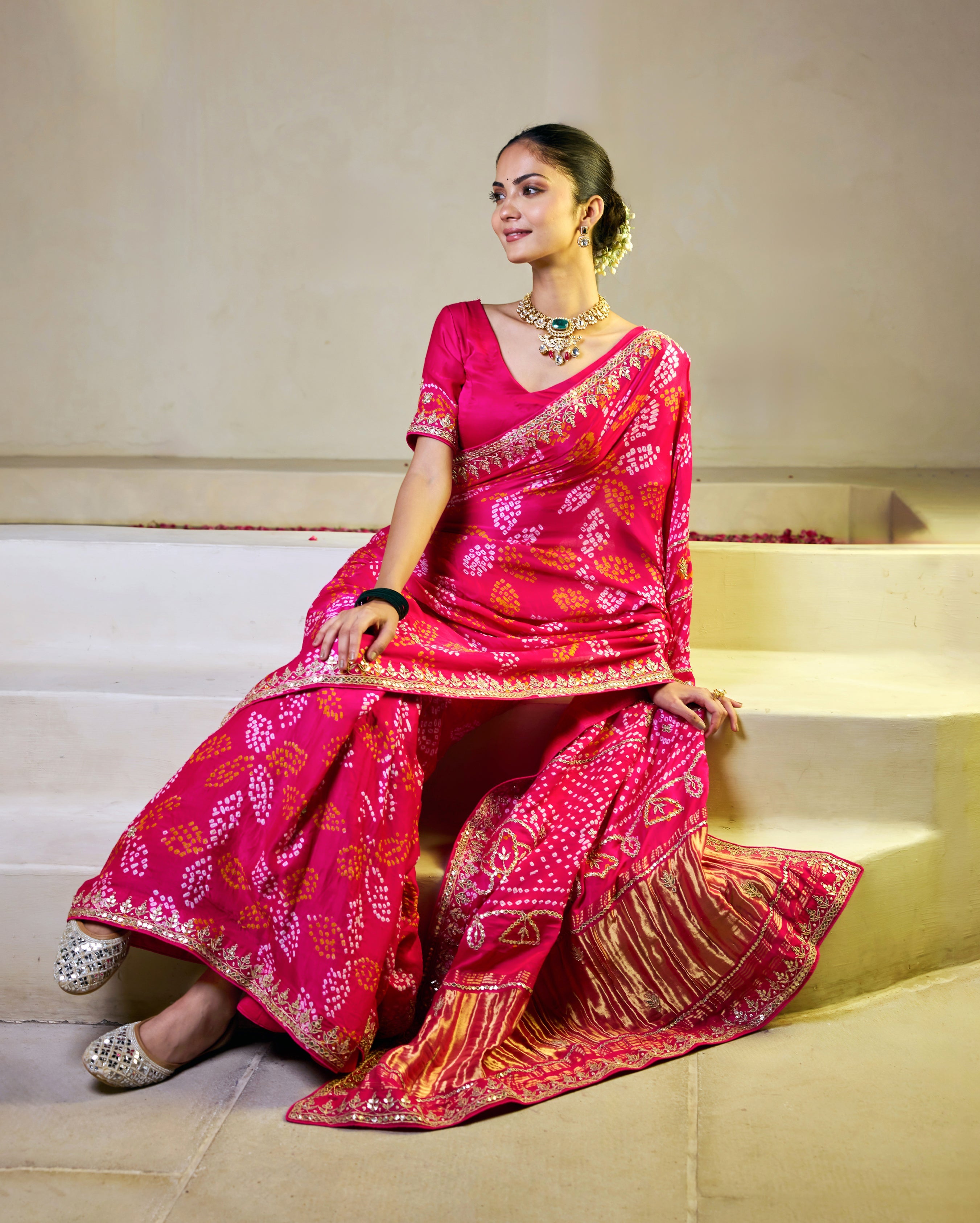 Aachho Rangoli Pink Silk Bandhani Saree – Women's
