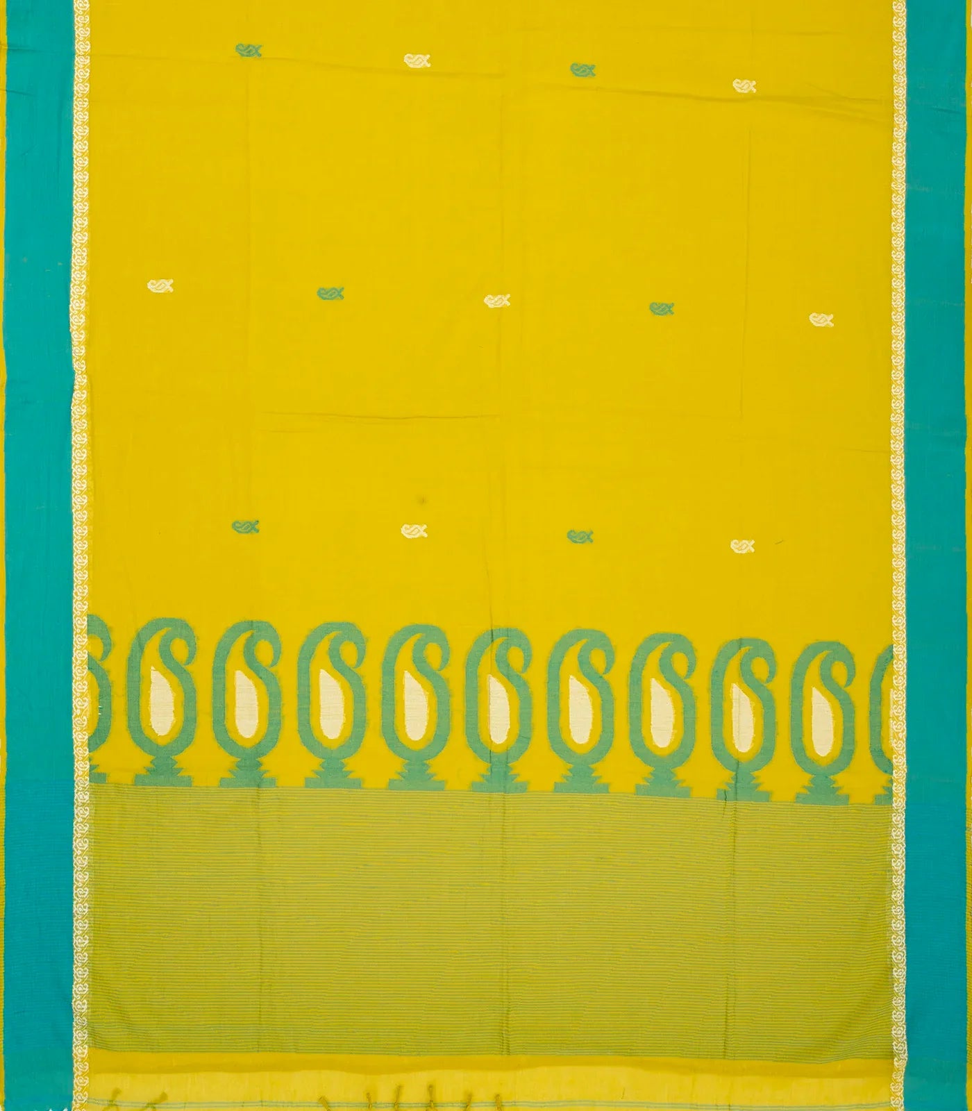 RmKV Lime Green Handloom Bengal Cotton Saree With Mango Buttas - view 2