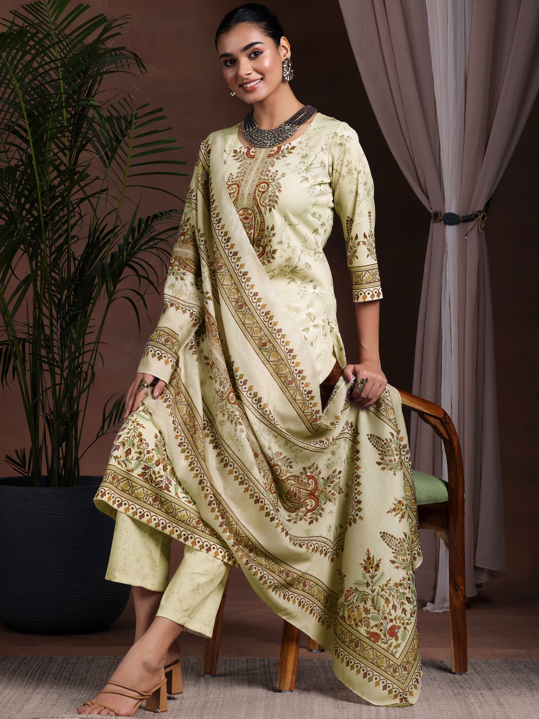 Libas Beige Printed Poly Crepe Straight Suit With Dupatta