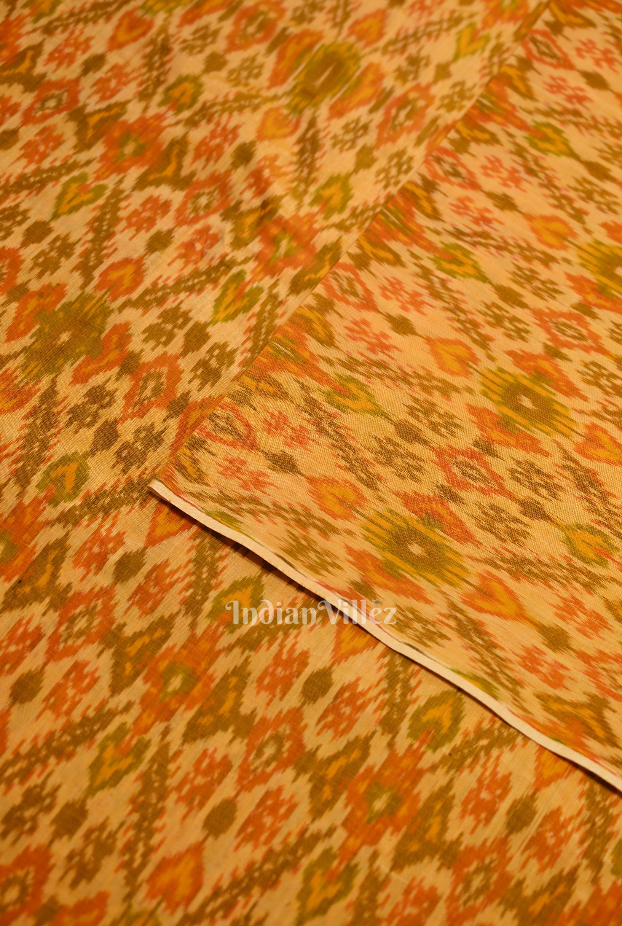 IndianVillèz Mustard Yellow Dual Tone Pochampally Ikat Silk & Cotton (Sico) Fabric - view 2