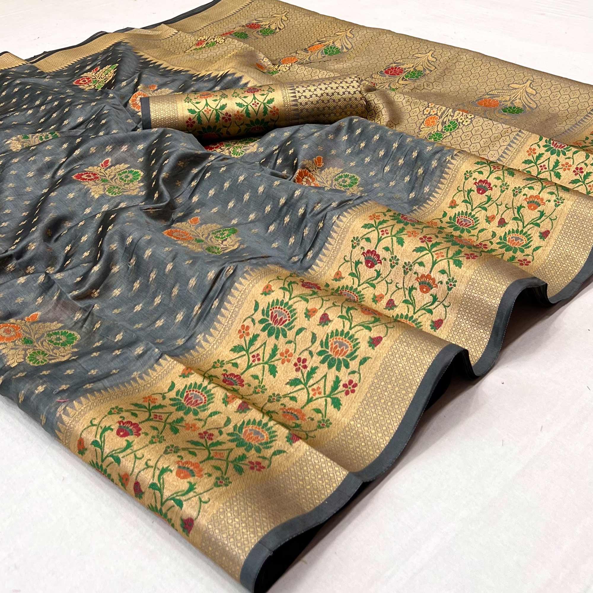 Peachmode Grey Woven Organza Saree – Women's