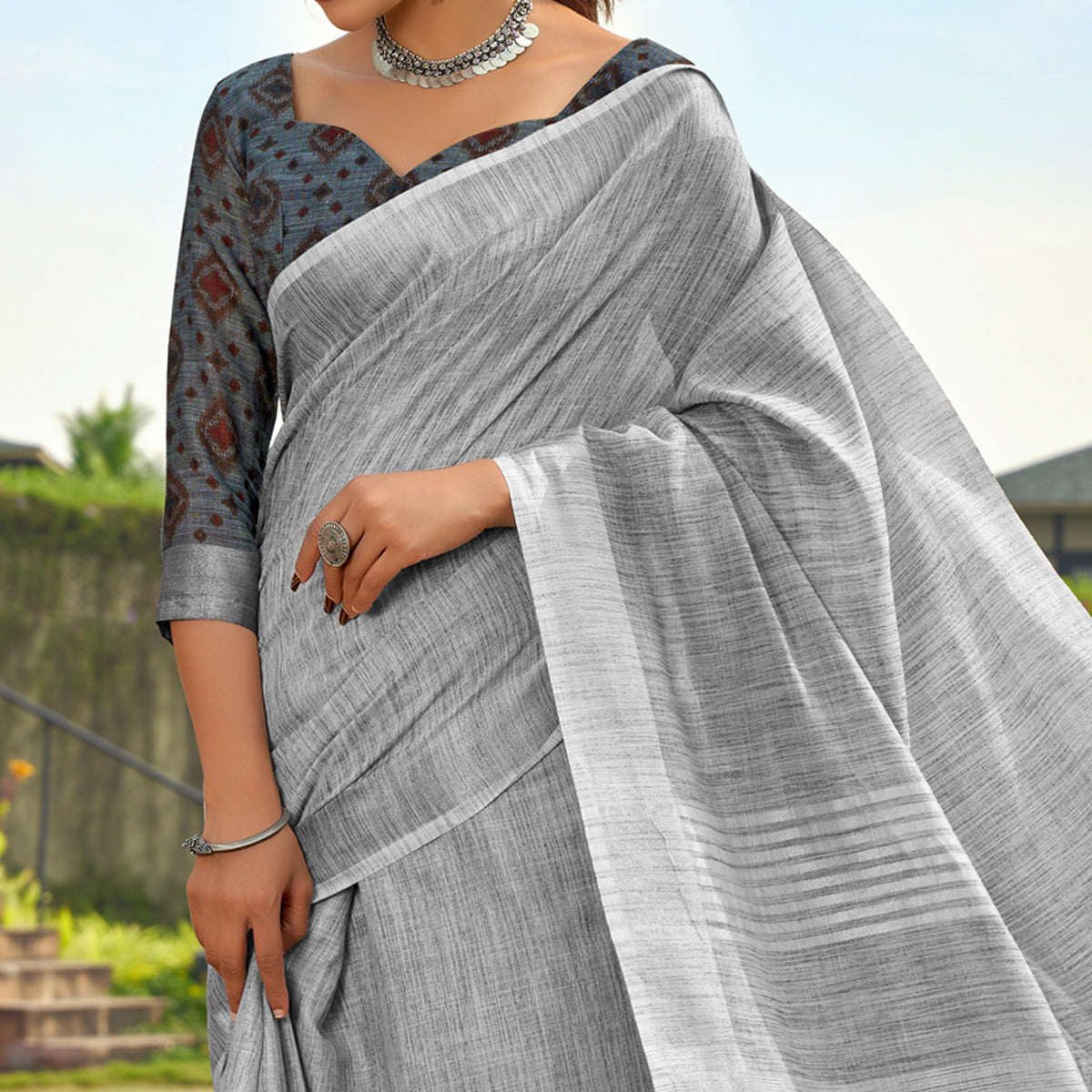 Peachmode Grey Striped Printed Linen Saree With Tassels - view 2