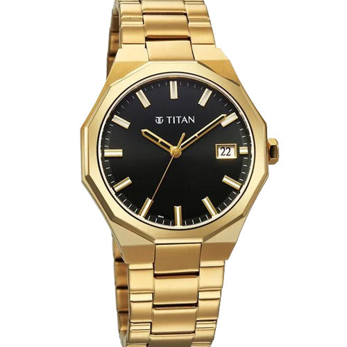 Titan Regalia Dodecagon Quartz Analog with Date Black Dial Golden Stainless Steel Strap Watch For Men 40mm 90212YM01 - view 2