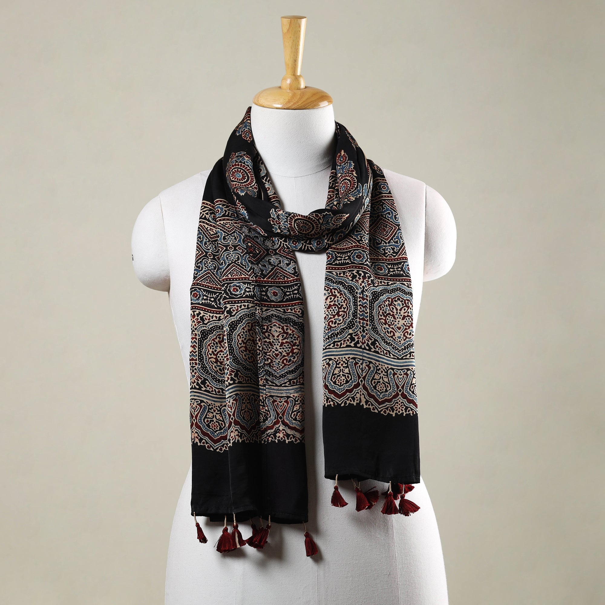 RIYAZ ABDULMAJID KHATRI - AJRAKH Black - Ajrakh Hand Block Printed Modal Silk Stole with Tassels
