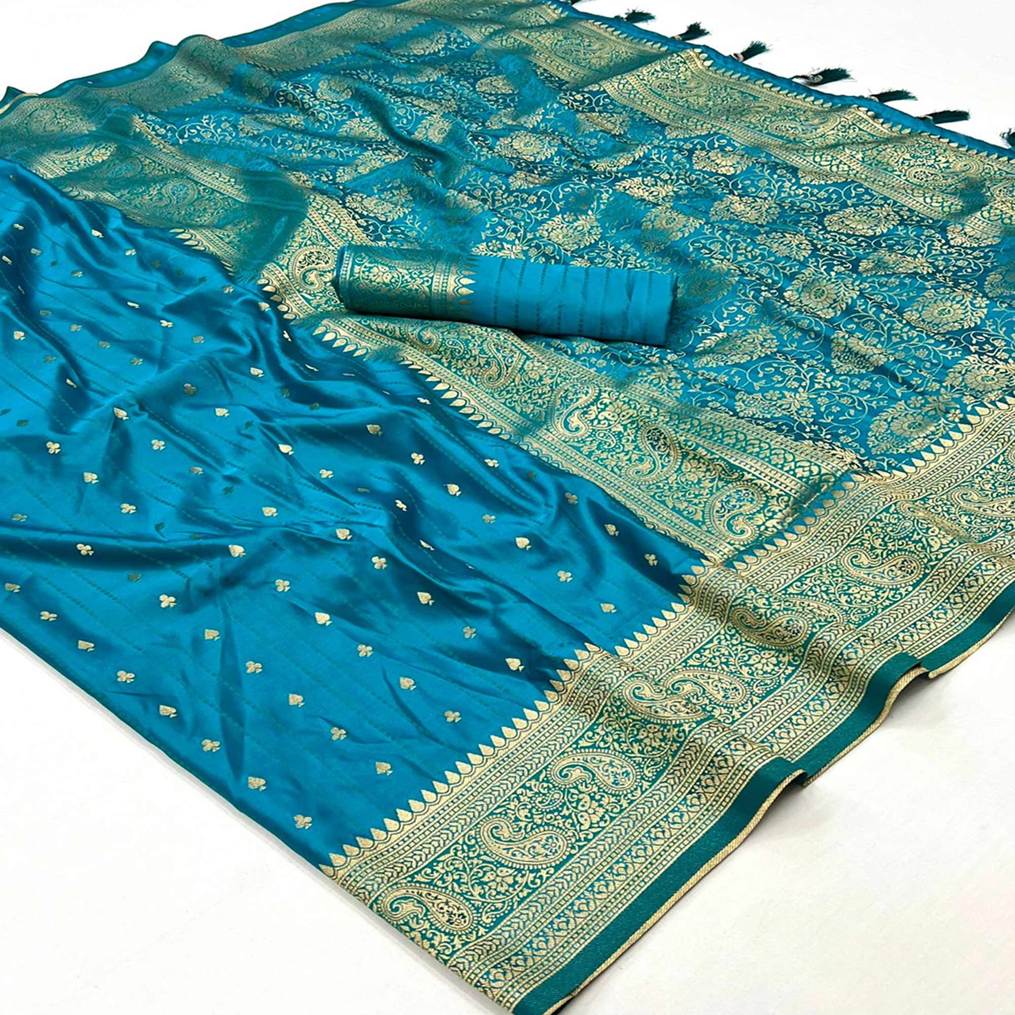 Peachmode Blue Woven Zari Border Satin Saree With Tassels