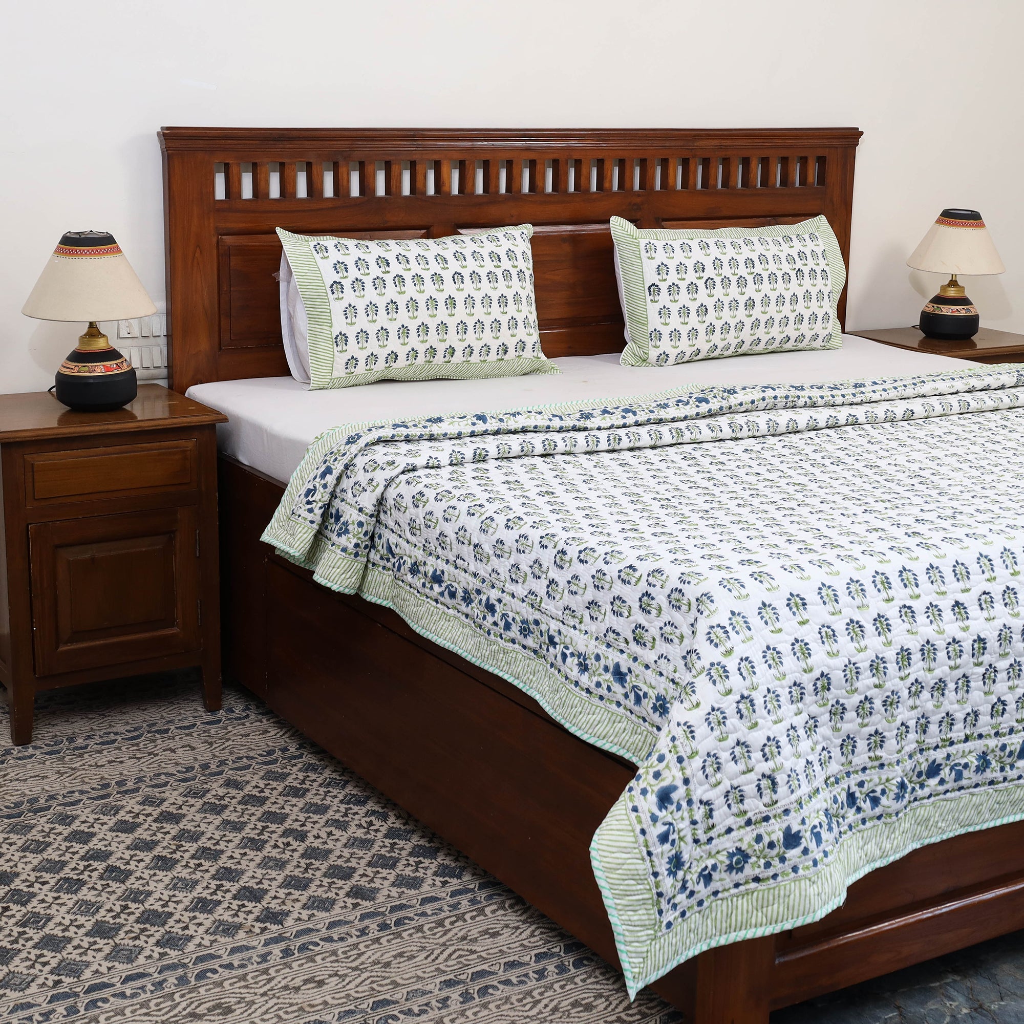 HAVELI CHRONICLES Blue - Double - Reversible Sanganeri Block Print Cotton Quilt Set 13