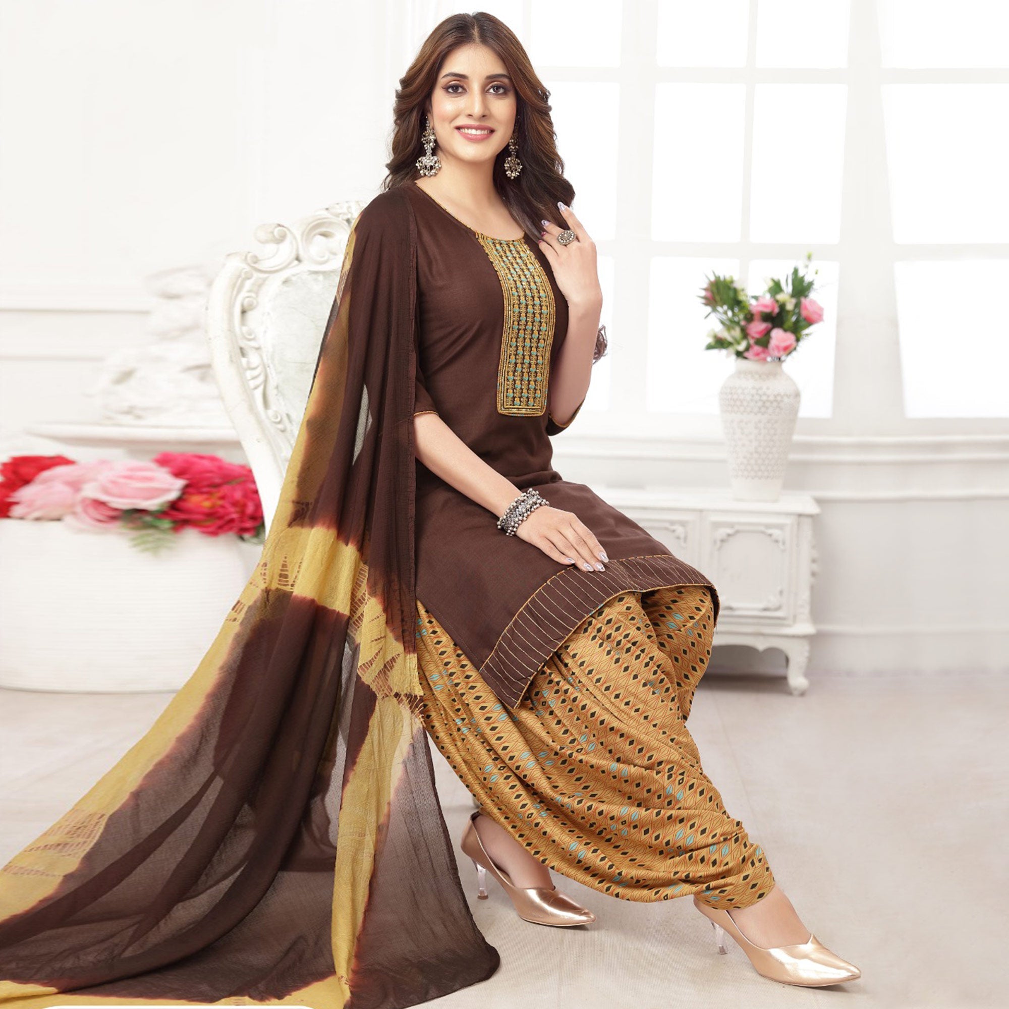 Peachmode Seller Brown Embroidered Rayon Patiala Suit - view 2