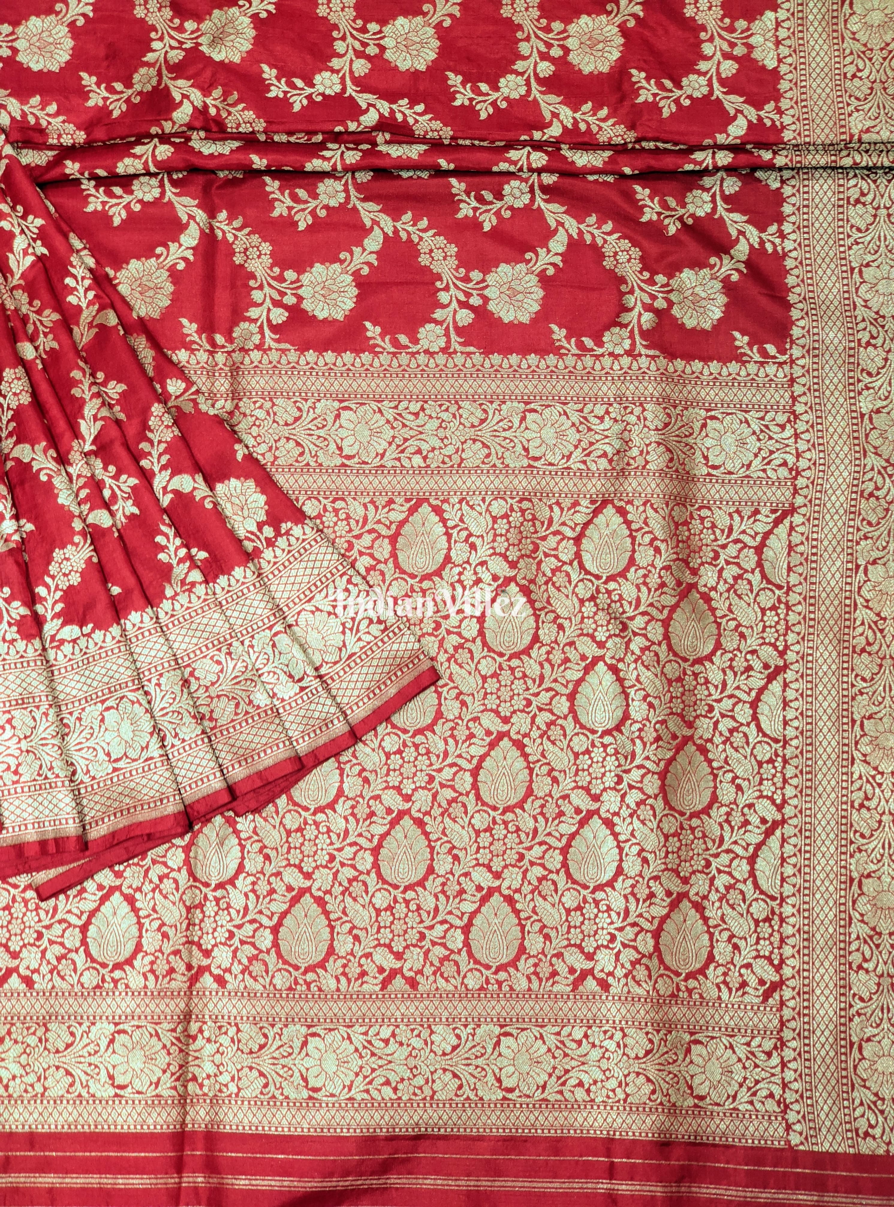 IndianVillèz Red Floral Theme Banarasi Katan Saree