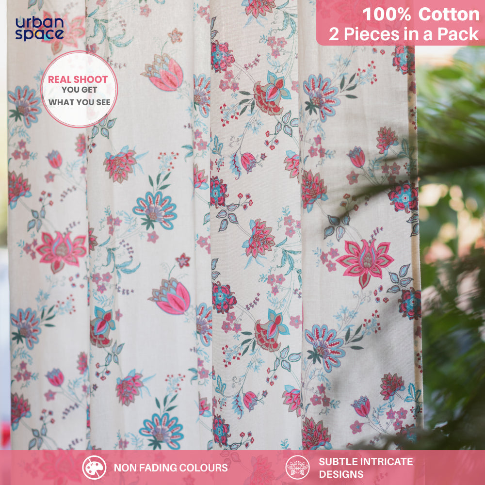 Urban Space -Home Furnishing Store 100% Cotton, room darkening ethnic curtains, Pack of 2 Curtains - Passion flower pink
