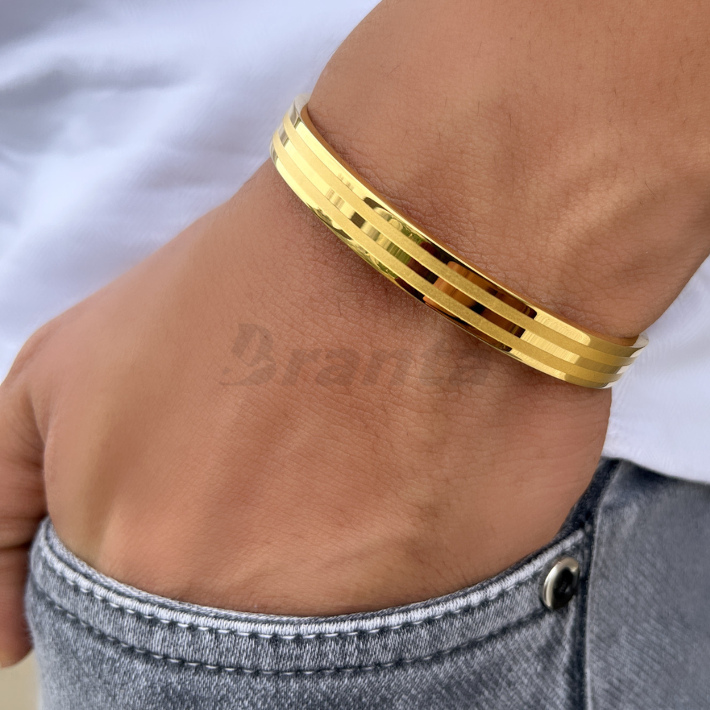 Branta Matte and Glossy Lined Gold Bracelet For Men - view 2