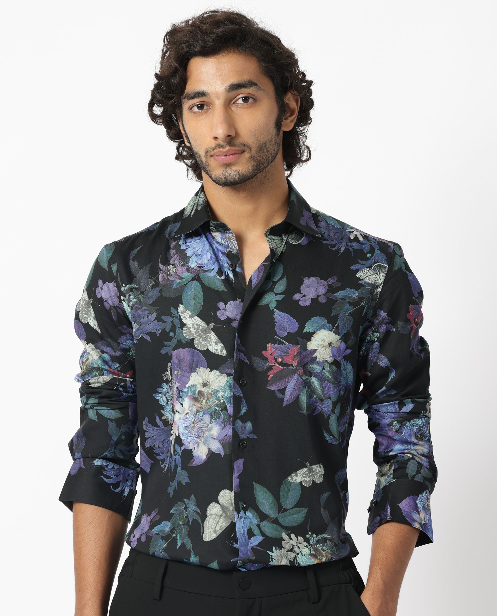 Rare Rabbit Men's Ease Black Cotton Modal Fabric Floral Print Full Sleeves Shirt - view 5