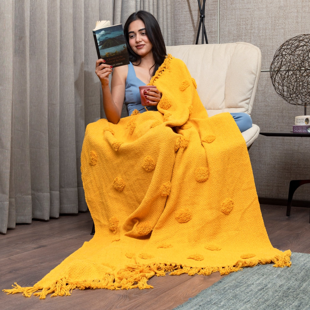 Urban Space Home Furnishing Cotton Throw Bedcover Super Soft & Breathable | Natural Throw Blanket | Use For Picnic & Gifting - Mustard