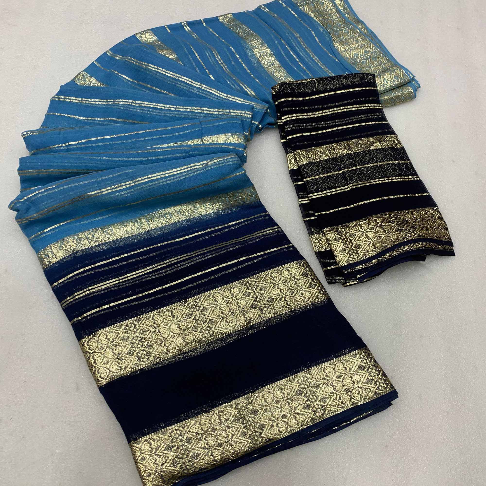 Peachmode Blue Striped Zari Woven Viscose Georgette Saree