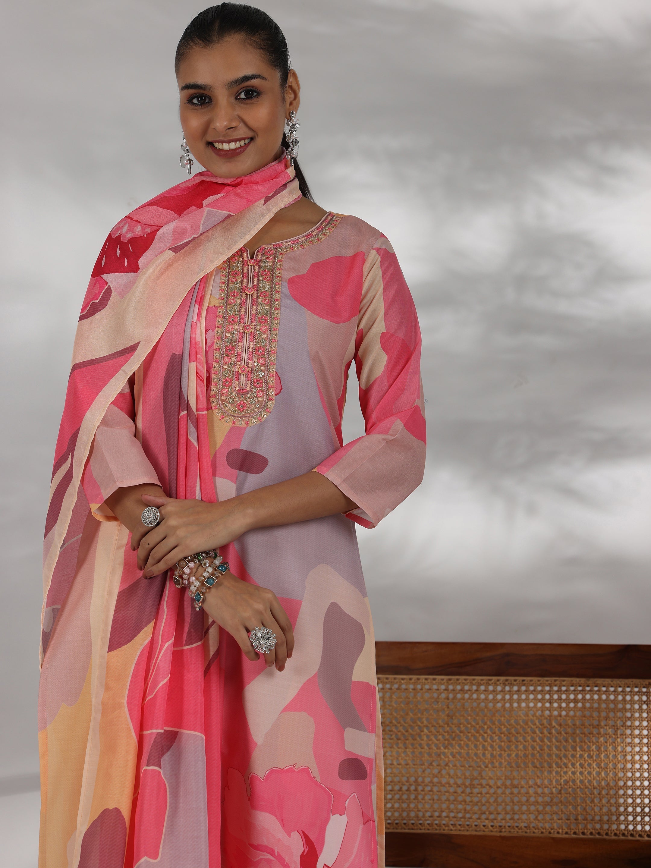 Libas Cream Printed Cotton Blend Straight Suit With Dupatta - view 5