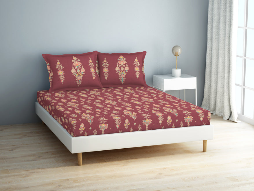Spaces India Floral Clared Red - Red 100% Cotton Double Bedsheet - Aurum By Spaces - view 2
