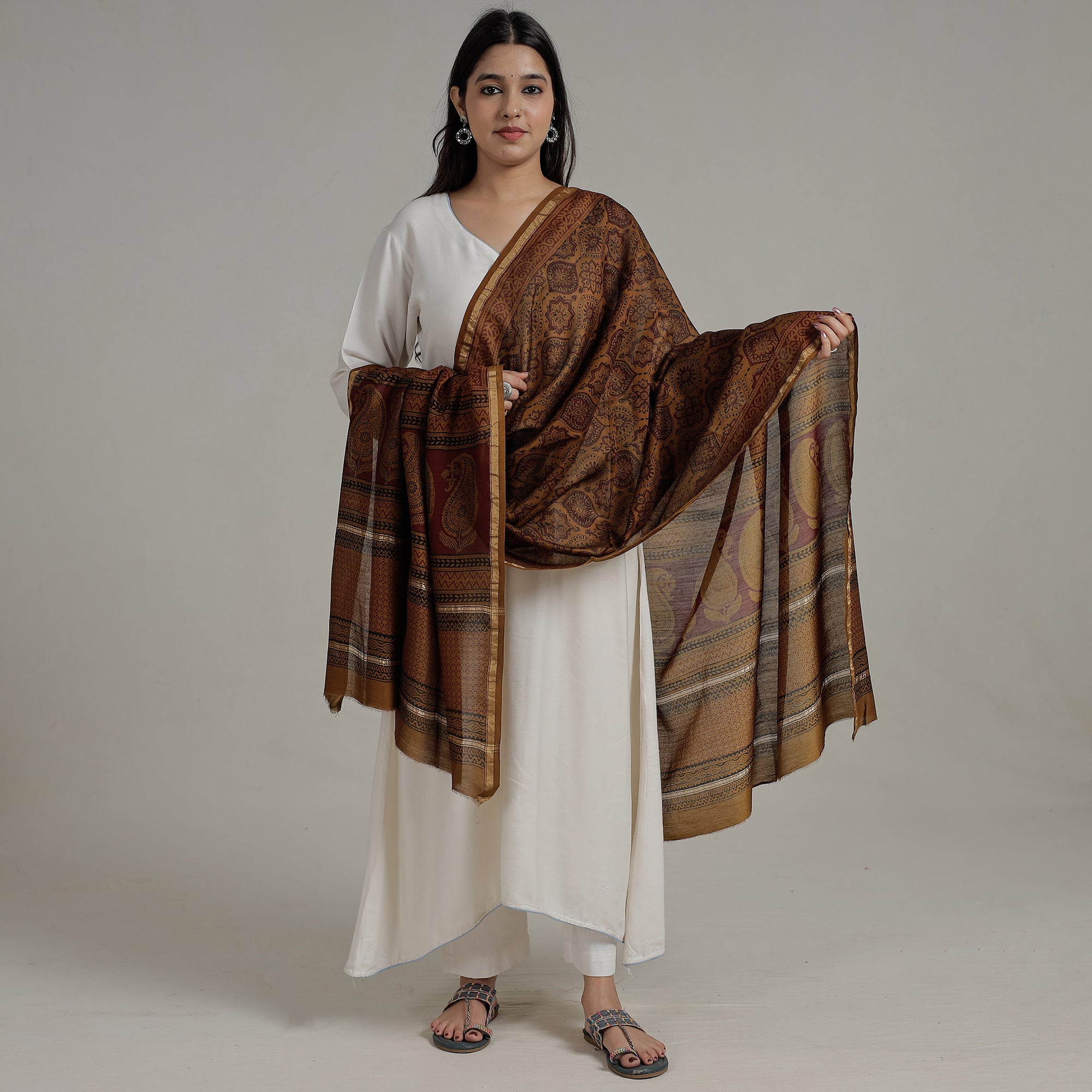 BAGH PRINTS BY MOHAMMED RAFIK KHATRI Brown - Natural Dyed Hand Block Print Chanderi Silk Bagh Dupatta 11
