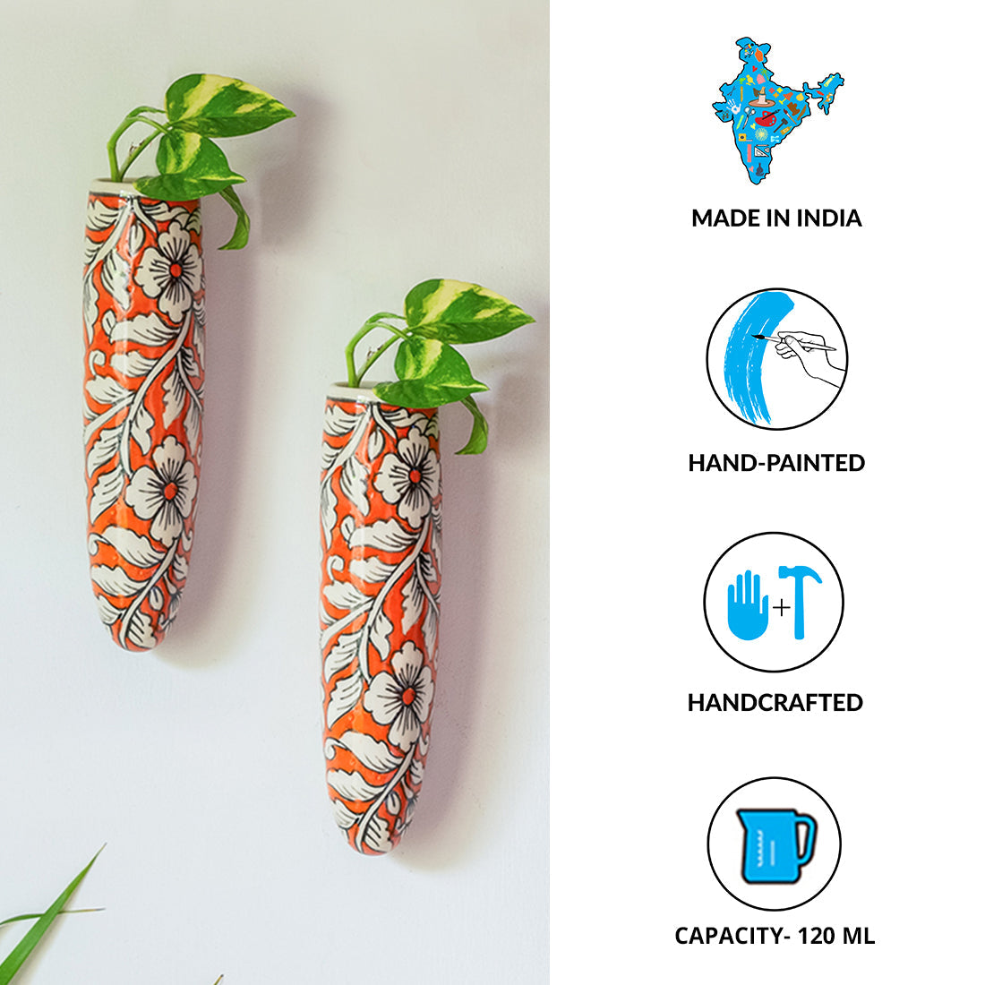 EXCLUSIVELANE 'Fiery Marigold' Handpainted Ceramic Wall Planter Pots (Set of 2) - view 5