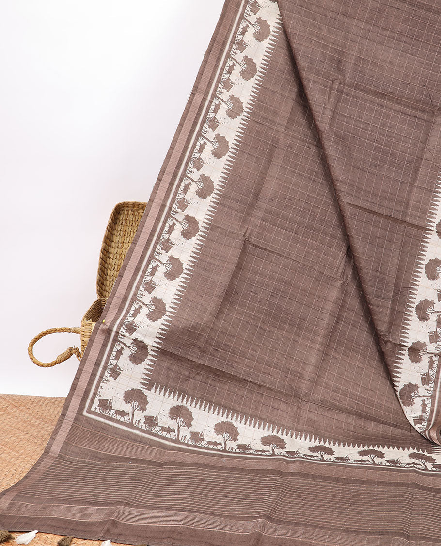Pothys Brown checked semi-banaras tussar saree with self - bullock cart border & checked pallu